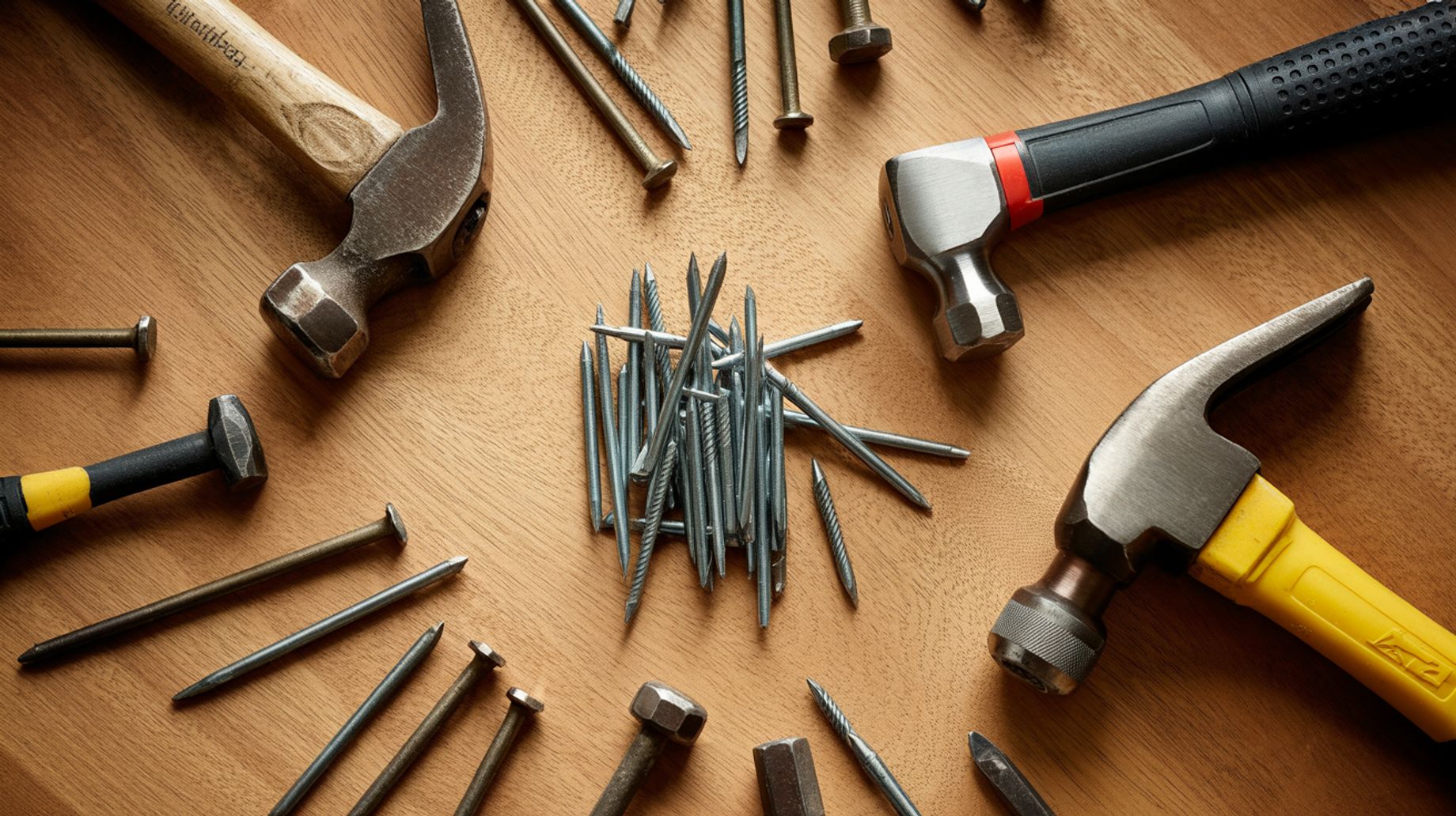 A collection of hammers and nails are artfully arranged on a wooden surface, suggesting a workspace  