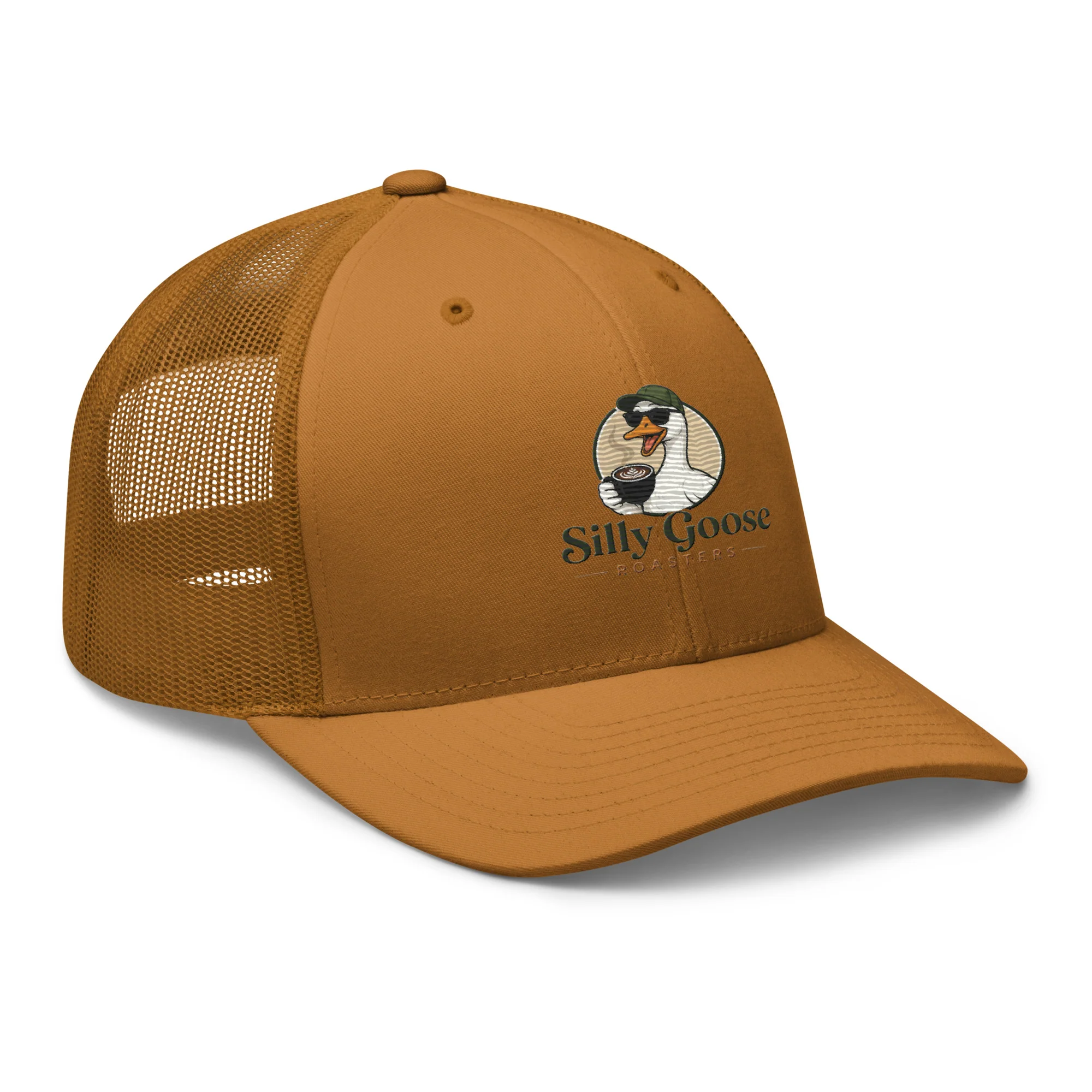 A brown trucker hat with a mesh back and a logo on the front. The logo features a cartoon goose wearing sunglasses and a hat, holding a cup of coffee with latte art. The text "Silly Goose ROASTERS" is below the goose.
