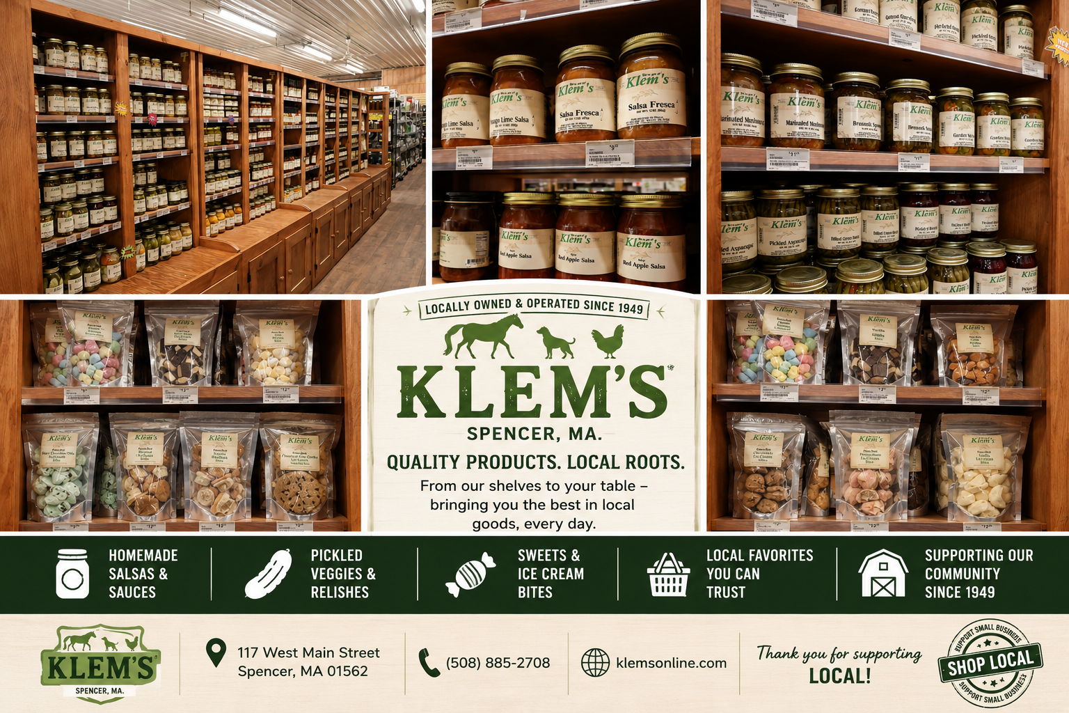 Browse Klem’s selection of specialty foods, locally sourced products, preserves, sauces, and gourmet pantry favorites in Spencer, Massachusetts.