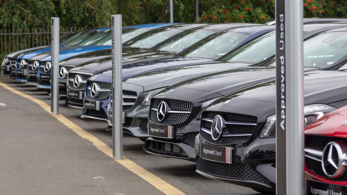 Cars outside the Mercedes-Benz Giffnock dealership Mercedes-Benz of Giffnock Glasgow 01416 291200