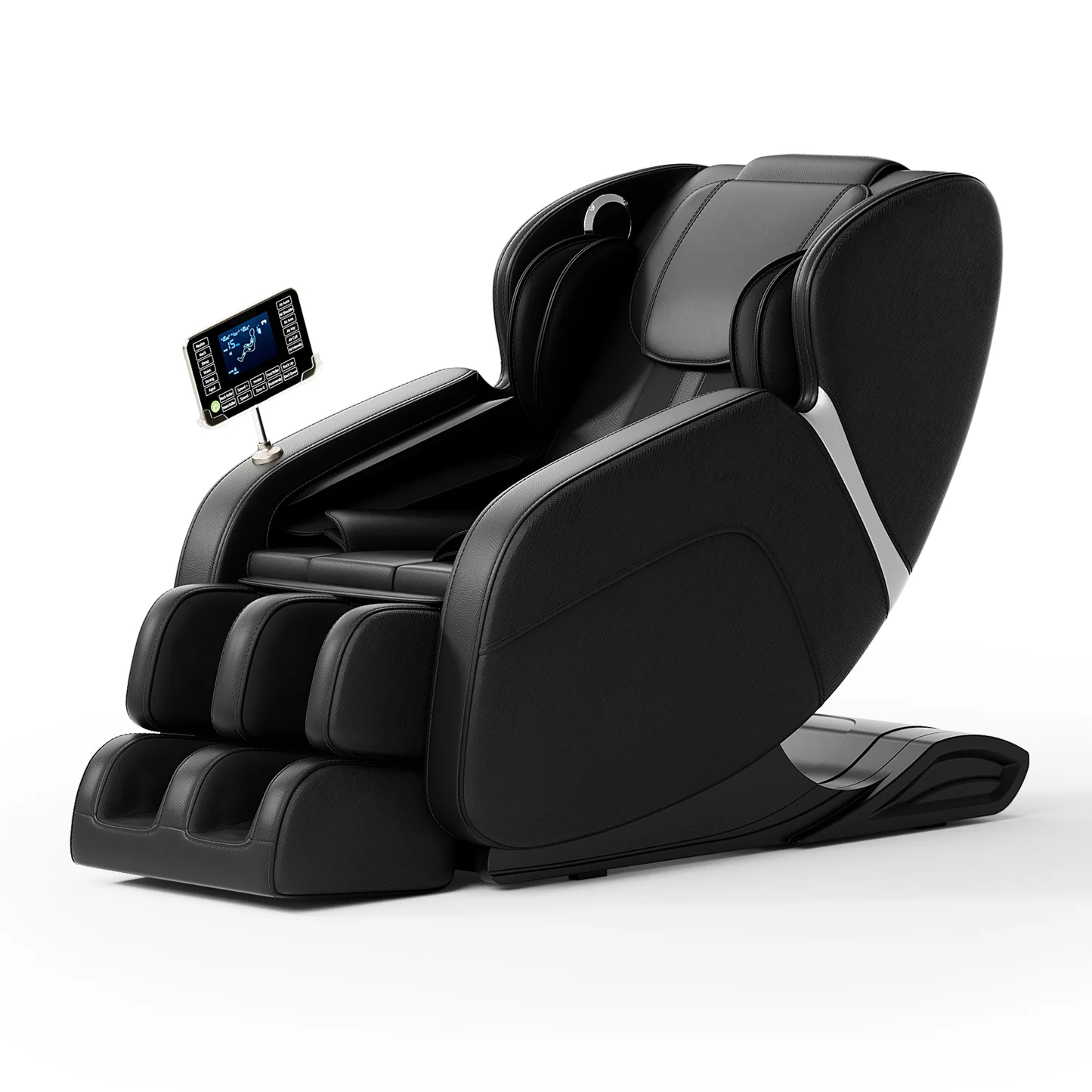 A sleek, black full-body massage chair is shown in a studio setting, isolated on a white background. The chair features a modern design with ergonomic contours, a headrest, and extensive padding. A prominent feature is the attached touch screen control panel, displaying various massage settings and options, including a gauge indicating massage intensity and body height suitability. The chair also includes integrated foot massagers at the base and metallic accents on its side.