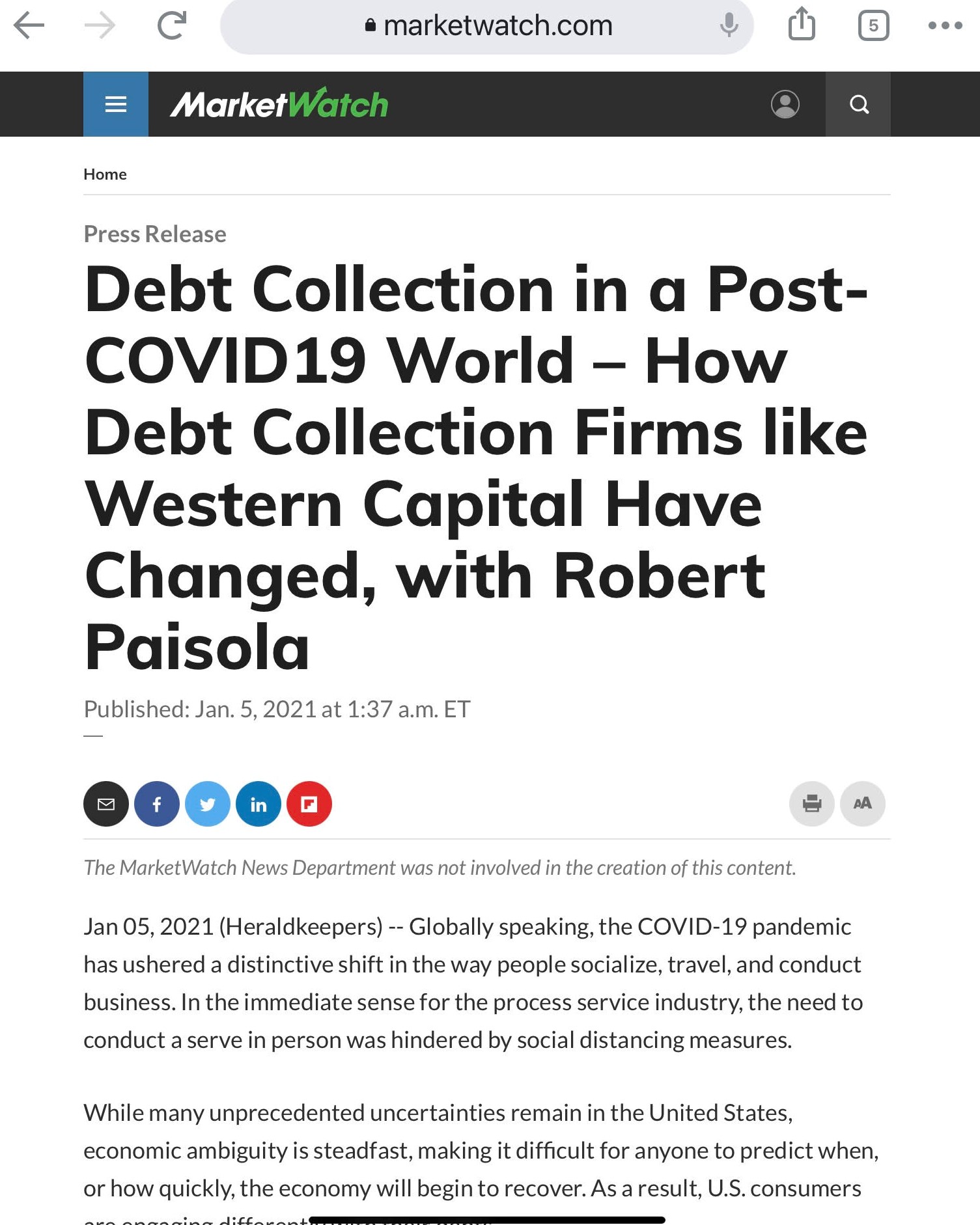 Robert Paisola in The Wall Street Journal Marketwatch 2021
