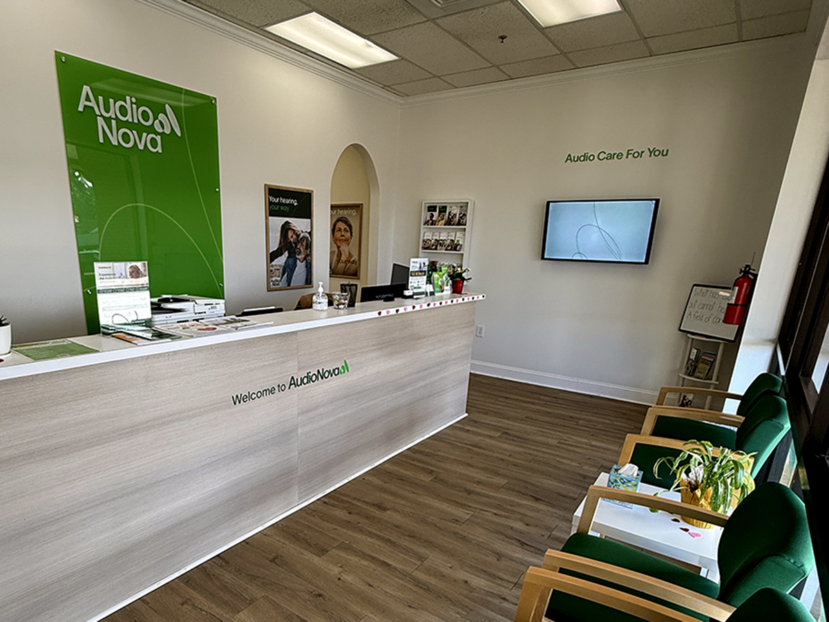 Interior photo of reception area for AudioNova hearing clinic in Weaverville, NC