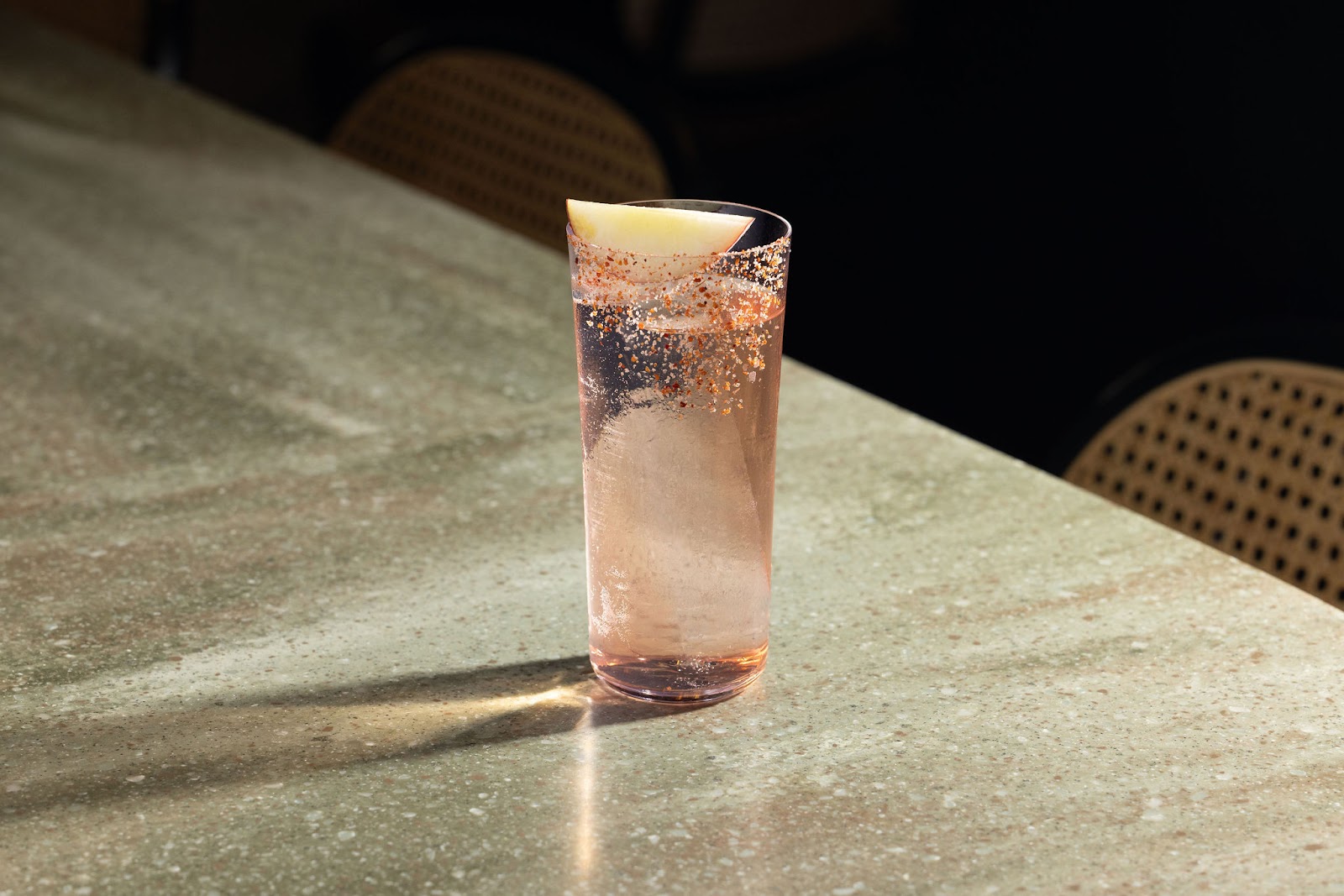A spiced cocktail from the Markette bar, poured for the evening. Served in the dining room in Chelsea, Manhattan.