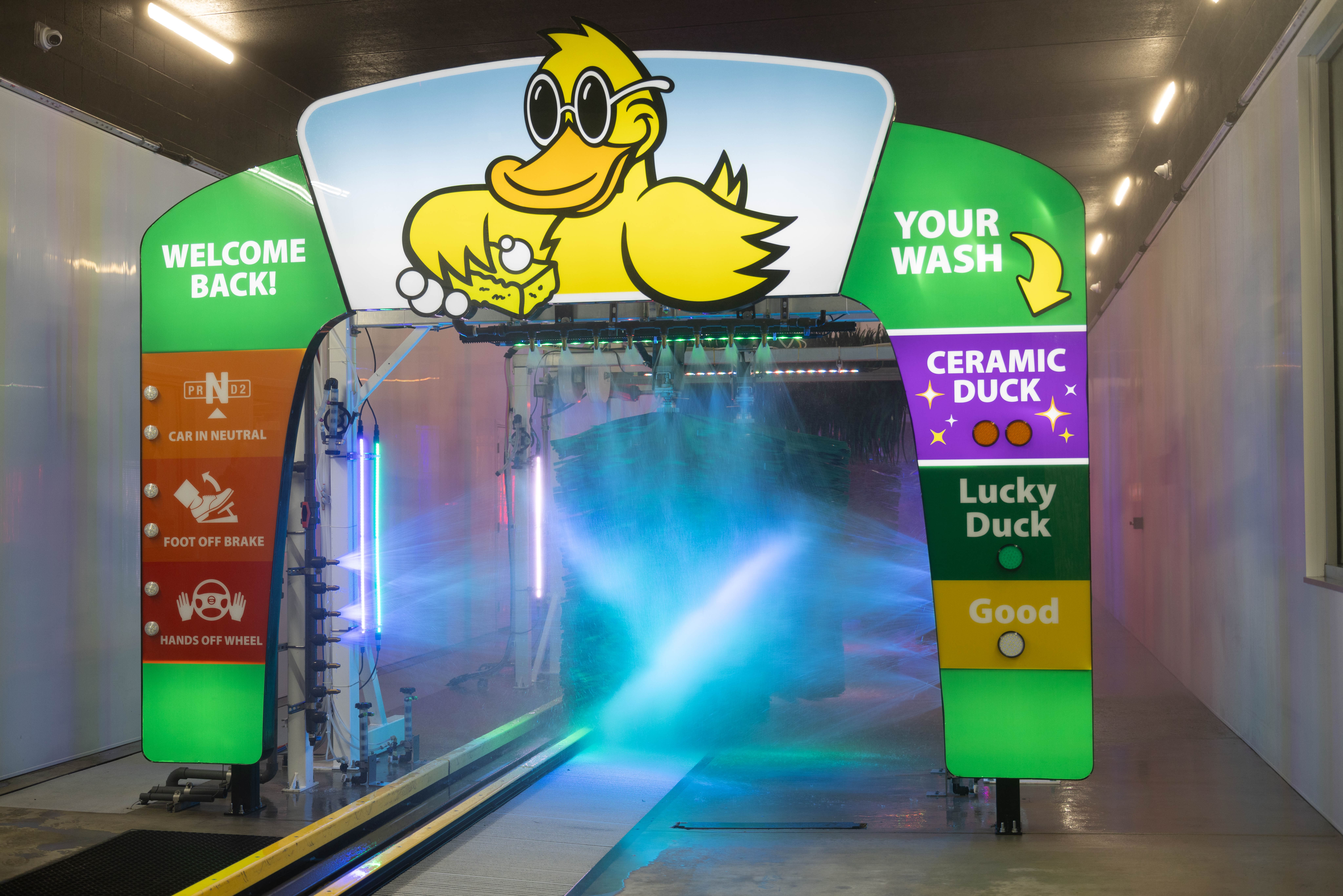 Step into the clean zone! Our express car wash tunnel welcomes you with colorful LED lights and wash levels to choose from &mdash; Ceramic Duck, Lucky Duck, or Good. Fast, clean, and fun every time.