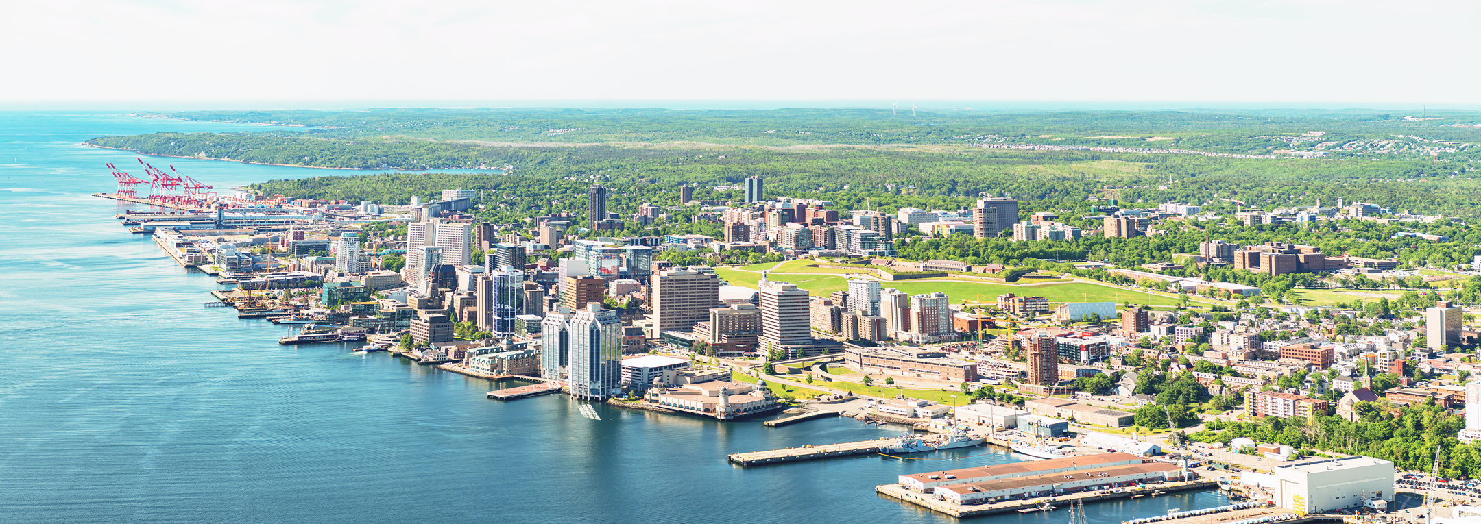 Aerial harbor cityscape with port cranes, waterfront buildings, and lush greenery.