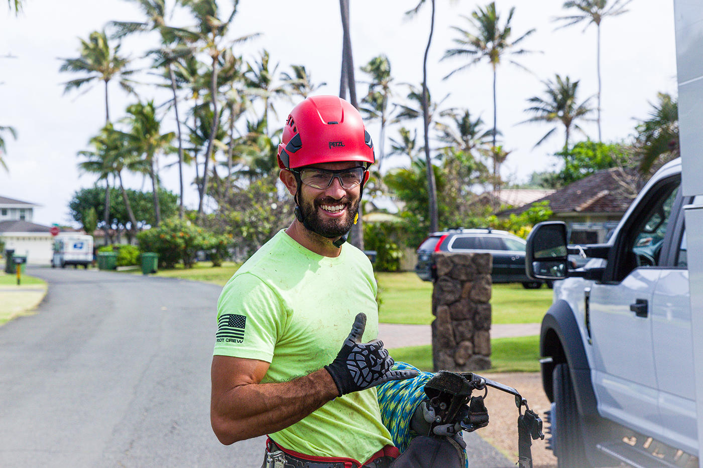 On a sunny day in Oahu, Hawaii, a tree service professional removes dead branches from a tree, improving its overall health.