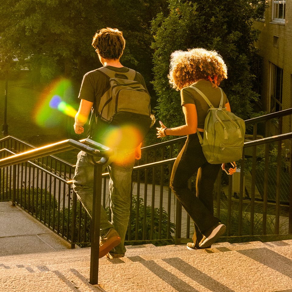 Two people wearing backpacks walking down steps.