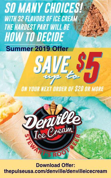 Summer 2019 Offer. Save up to $5 on orders $20 and more. Buy 6 pack of icecream sandwiches, Get 1 pack FREE
Download to get offer: https://thepulseusa.com/denville/denvilleicecream/