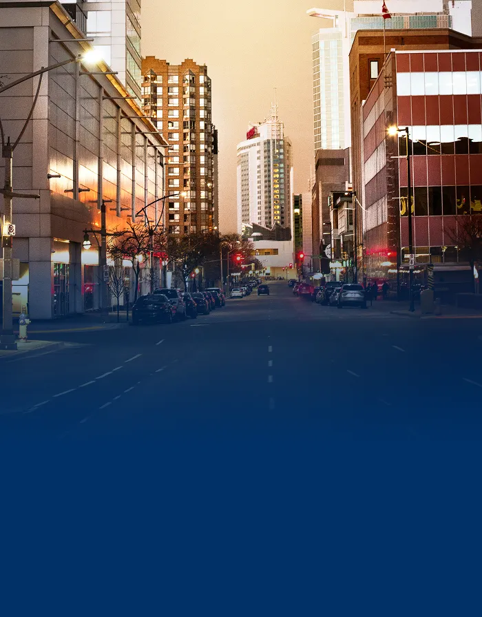 Downtown Windsor, Ontario at dusk.