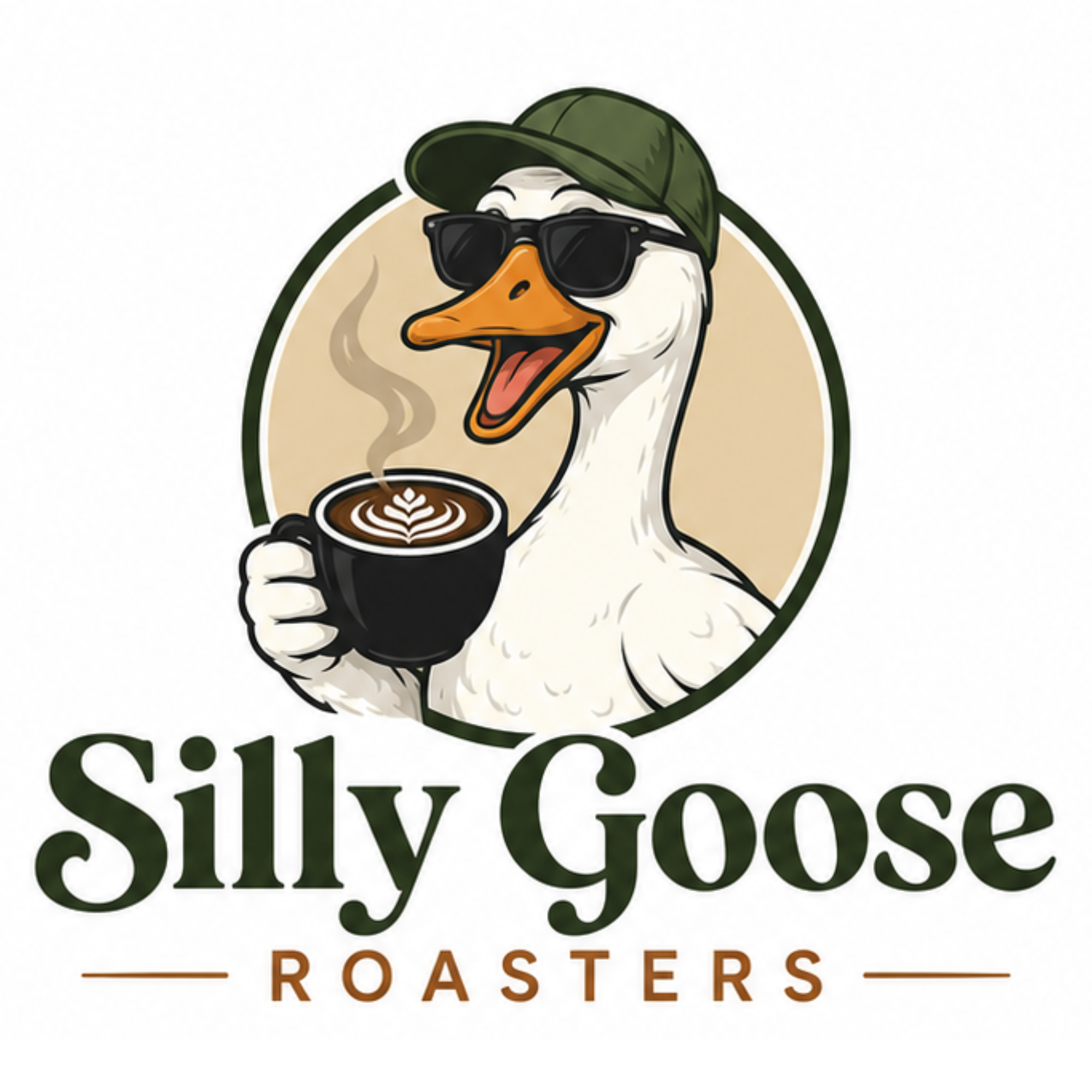 A cartoon logo for 'Silly Goose Roasters' features a white goose wearing a green baseball cap and black sunglasses, holding a black mug of coffee with latte art. The goose has its mouth open, appearing to be happy or excited. The text 'Silly Goose ROASTERS' is displayed prominently below the goose's illustration, with lines on either side of 'ROASTERS'.