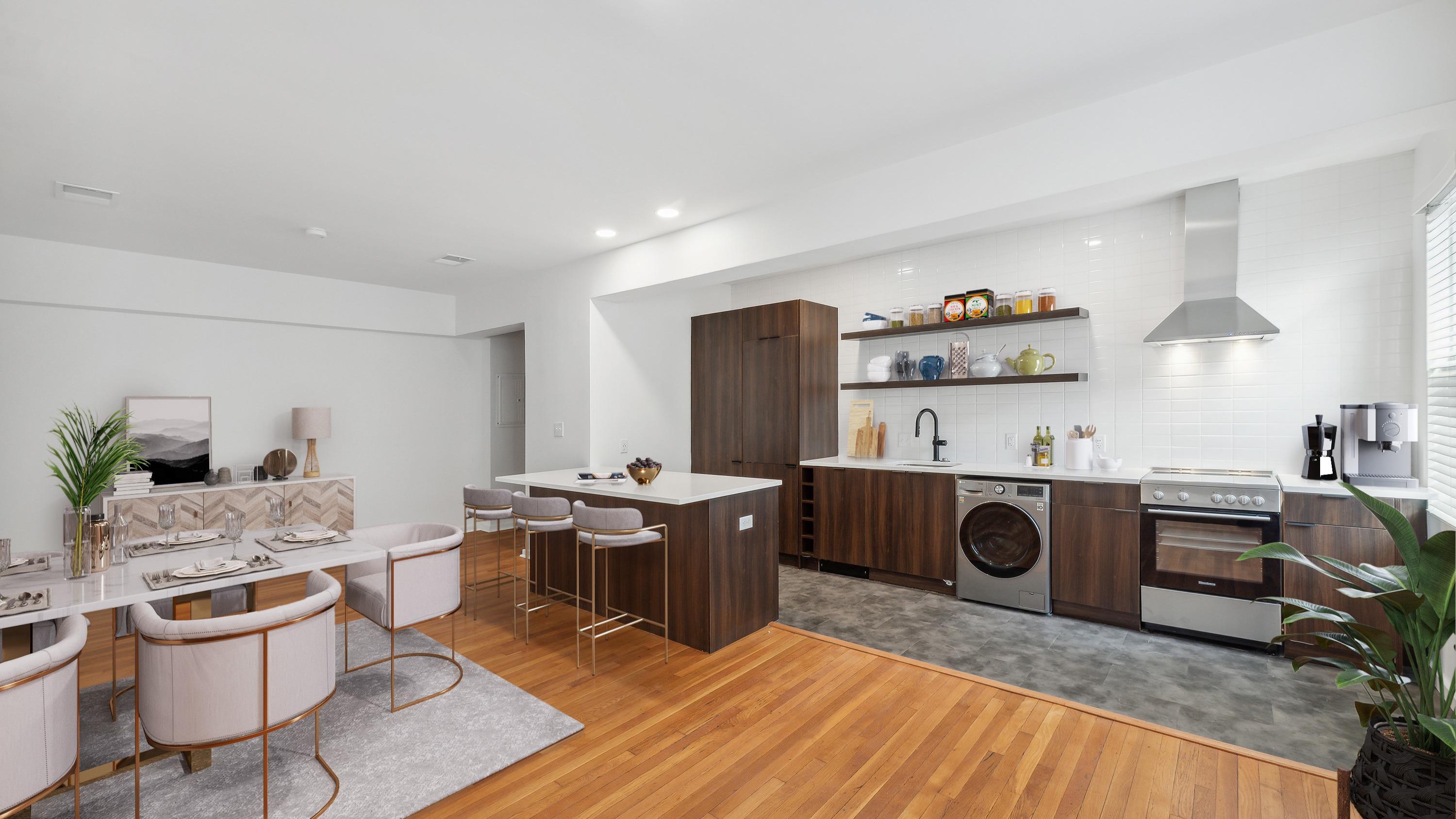 Spacious and open concept kitchen with island.