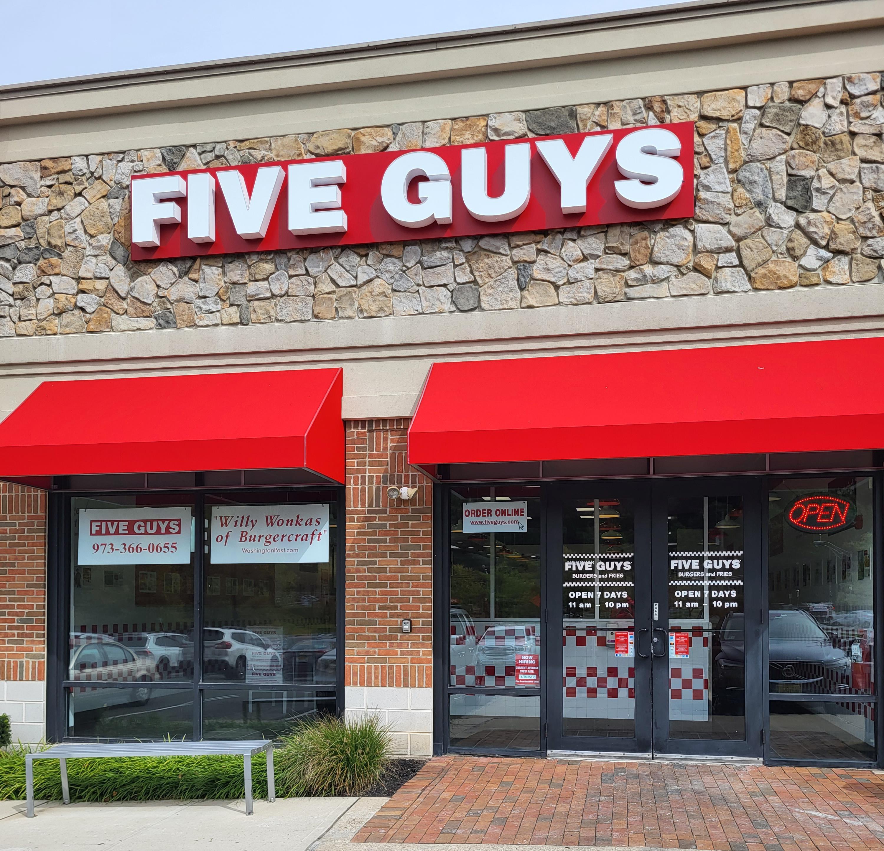 Entrance to the Five Guys restaurant at 3056 Route 10 West in Denville, New Jersey.