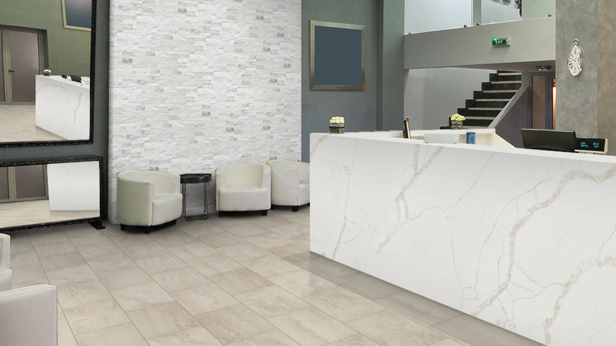 Calacatta Maywood living room - is white quartz with subtle, pebble grey detailing throughout