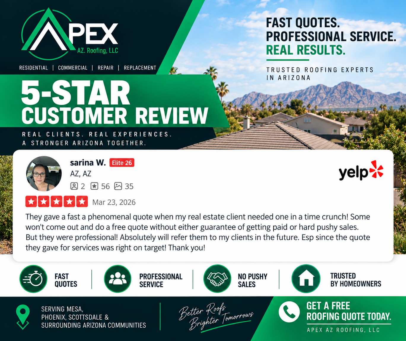 Five-star Yelp customer review graphic for Apex AZ Roofing highlighting a customer’s experience rece 