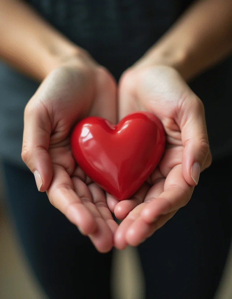 A close-up shot shows a pair of cupped hands gently holding a shiny, bright red heart-shaped object. The hands are positioned at chest level, with the fingers curled inward to cradle the heart. The background is softly blurred, suggesting a dark, neutral fabric, possibly clothing.