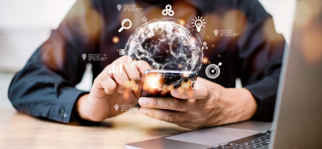 Close-up of a person scrolling on their phone with an illustration of a glowing globe over top.