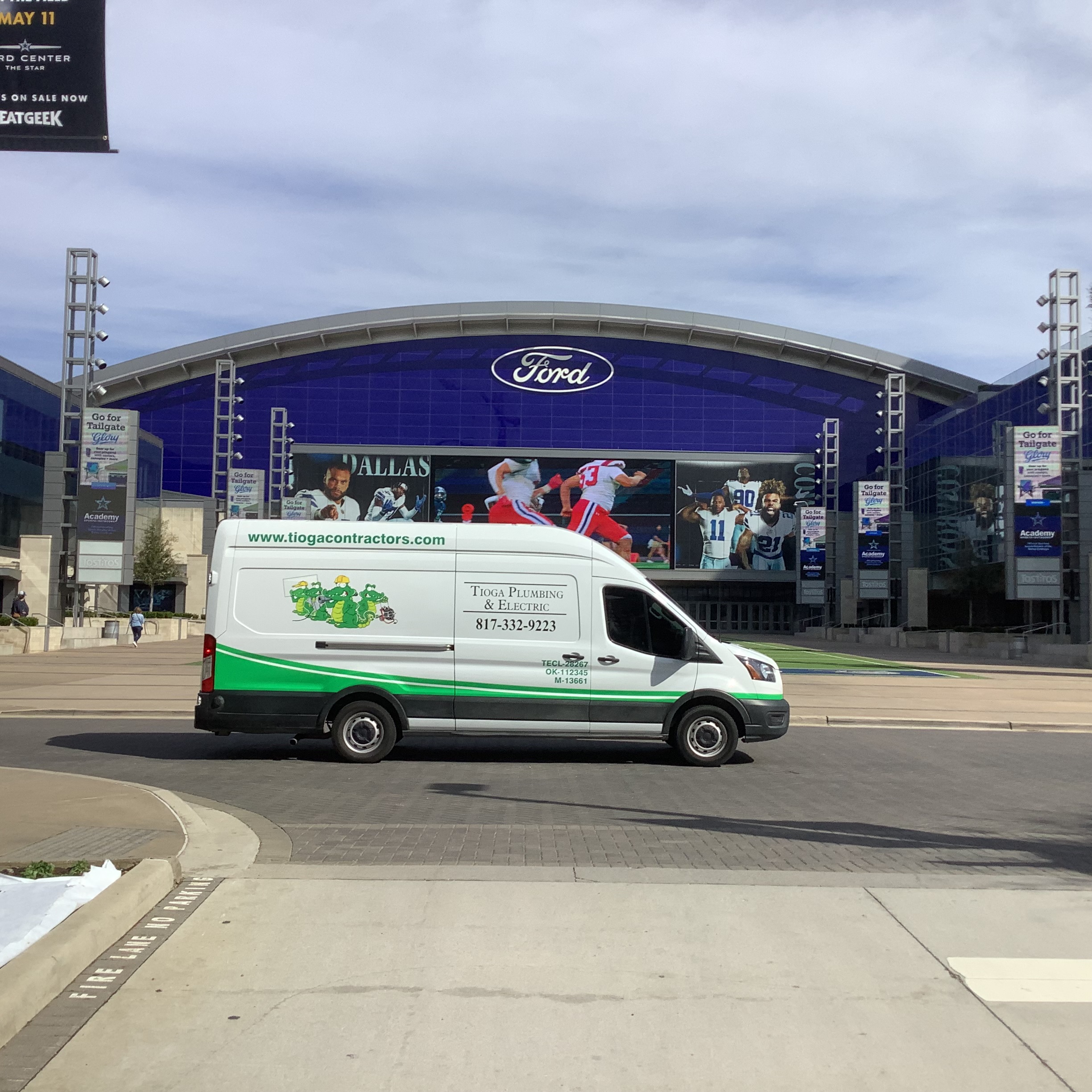 A Tioga Plumbing & Electric van at the Ford Center The Star in Frisco Texas.