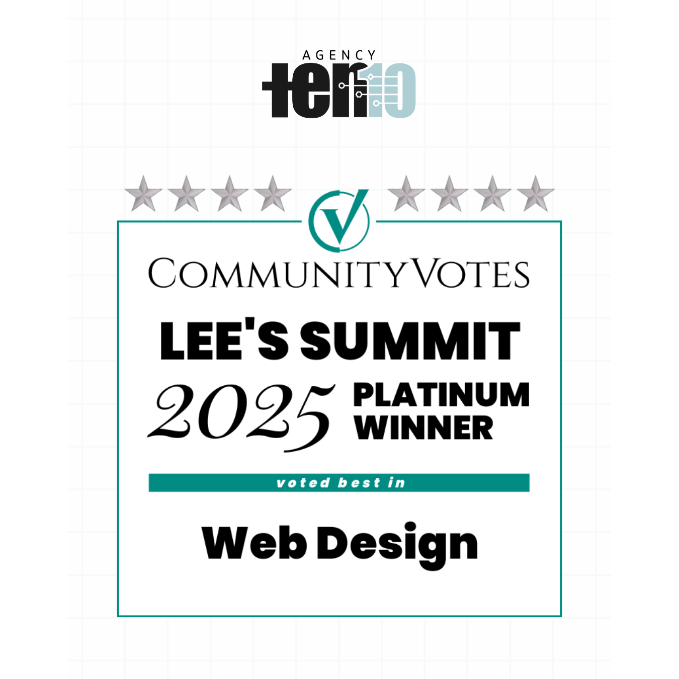Agency Ten10 &ndash; CommunityVotes Lee&rsquo;s Summit 2025 Platinum Winner for Web Design, with Ten10 logo, silver stars, and official award badge.