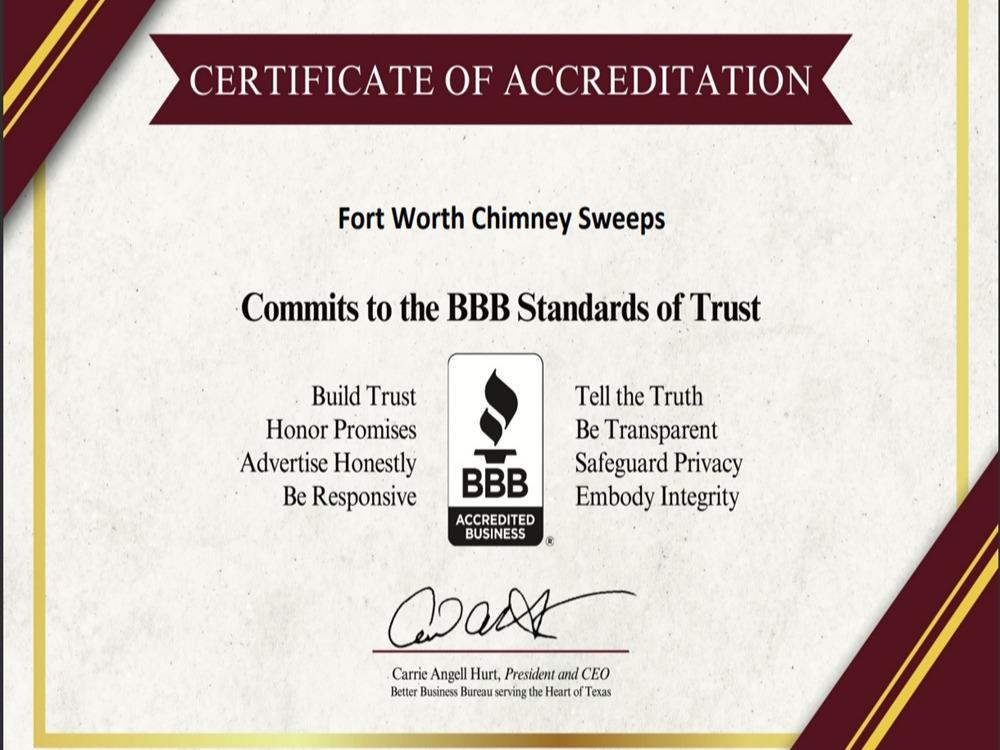 Fort Worth Chimney Sweeps BBB Certificate of Accreditation
