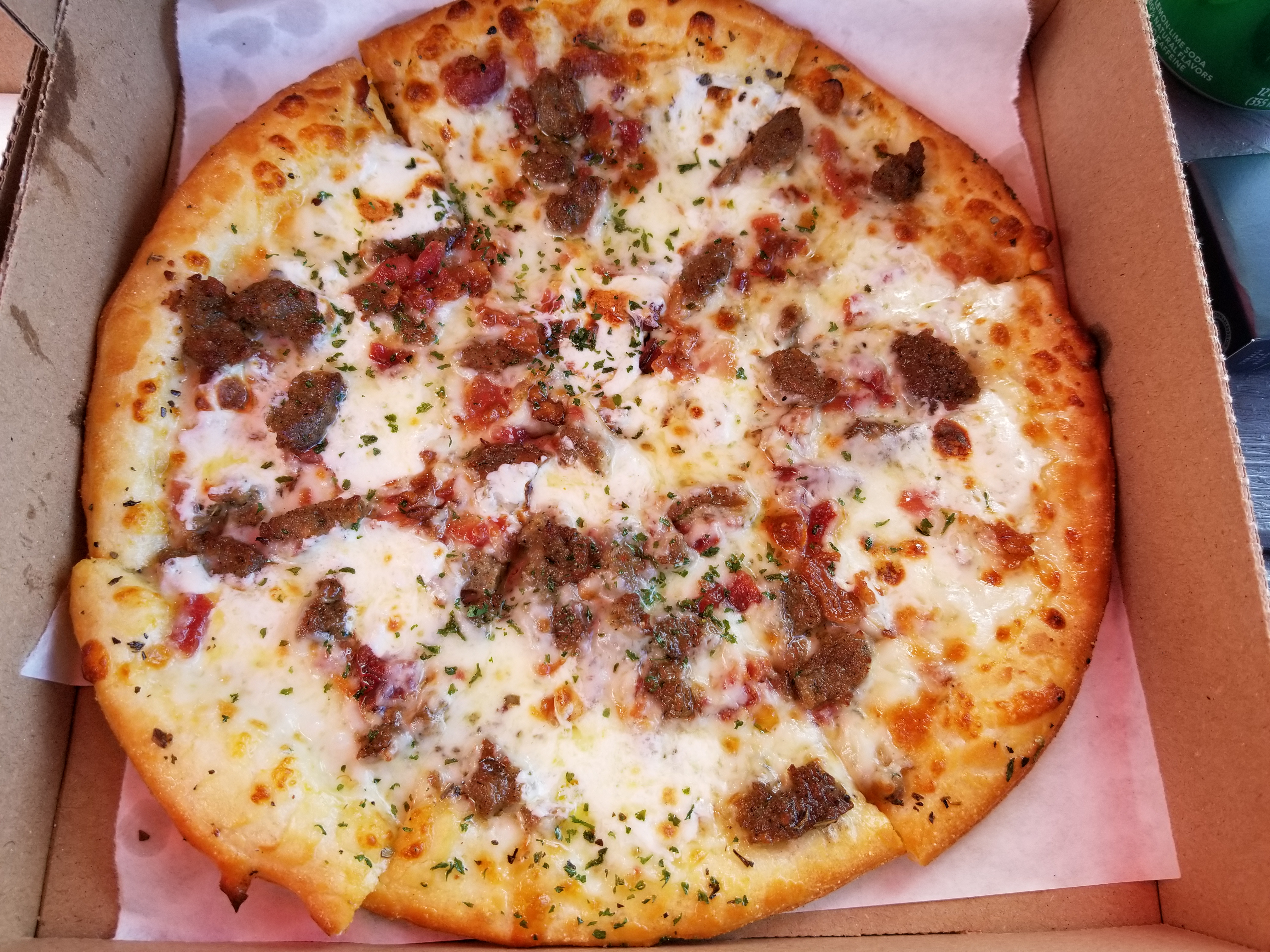 A delicious fan creation featuring crumbled meatballs, bacon and fresh mozzarella over an olive oil base pizza! Not crazy about pizza sauce? Get crazy about olive oil!