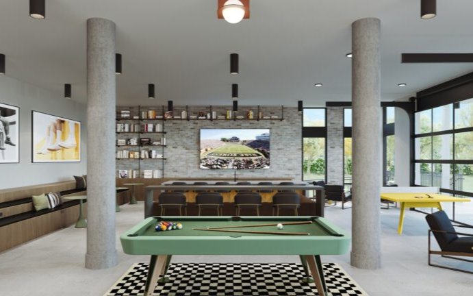 Clubhouse with  additional seating and pool table.