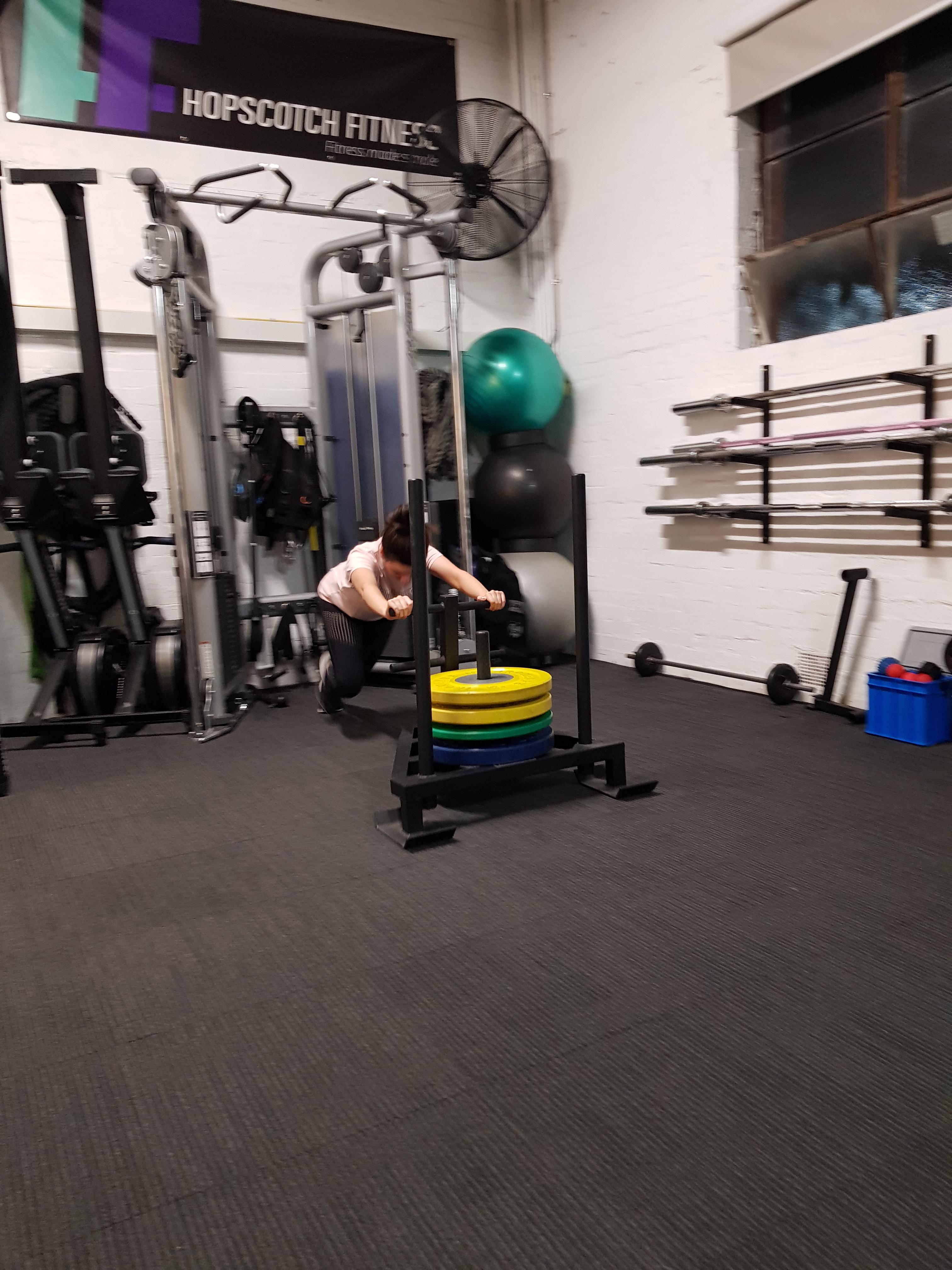 Personal training. Working out on the sled. Hopscotch Fitness Burwood (03) 9808 6942