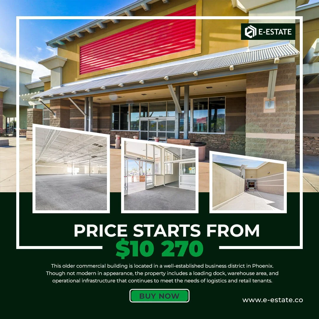 A commercial building is shown with three inset images. The main image depicts the storefront of a b 