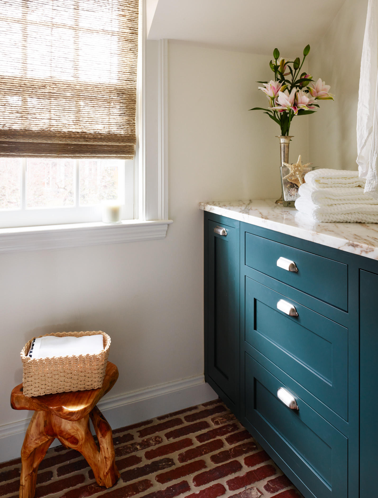 Vintage Colonial Laundry Room in New England with Brick floor