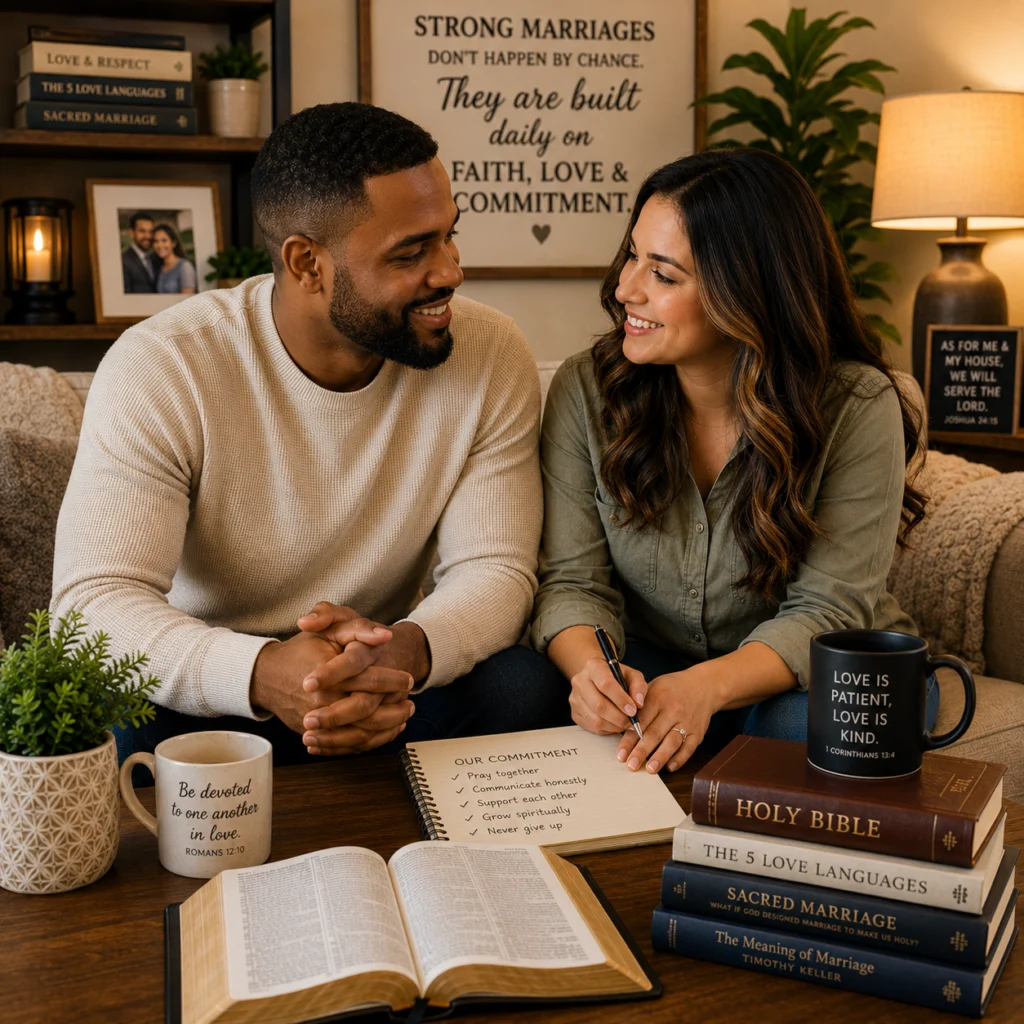 A couple sits together at a wooden table, looking at each other and smiling. The woman is writing in a notebook titled "Our Commitment" while the man has his hands clasped. On the table are an open Bible, several other books including "Holy Bible," "The 5 Love Languages," and "Sacred Marriage." A coffee mug with the inscription "Be devoted to one another in love. ROMANS 12:10" sits to the left, and a black mug with "LOVE IS PATIENT, LOVE IS KIND. 1 CORINTHIANS 13:4" is to the right. The background features bookshelves with decorative items and framed quotes about marriage.