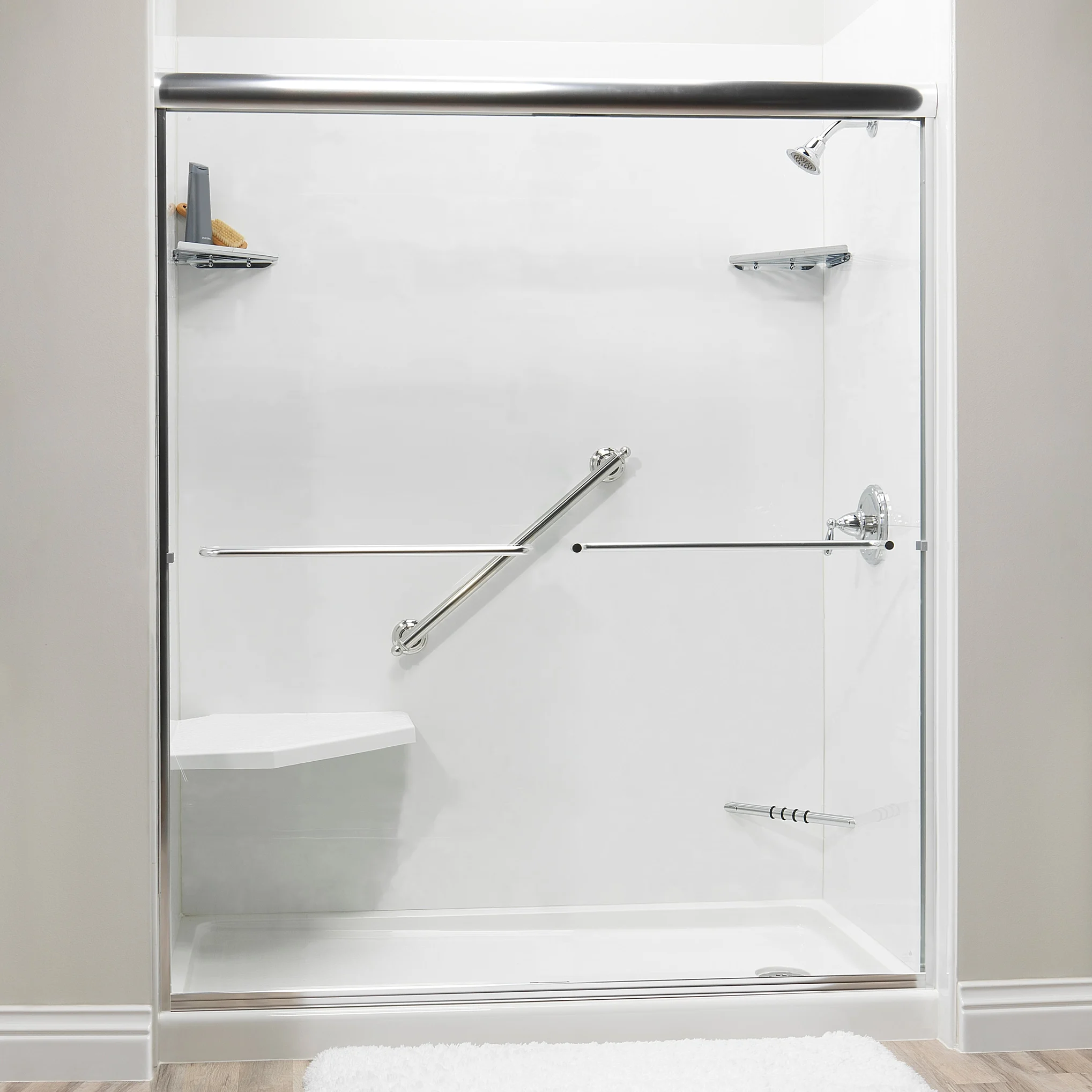 Accessible walk-in shower with bench and grab bars in Portland, Maine