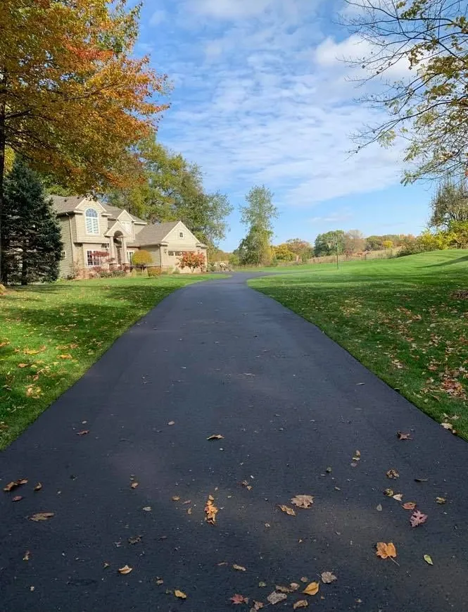 Smooth black asphalt driveway extending through a landscaped residential property with mature trees, open yard space, and elegant curb appeal.