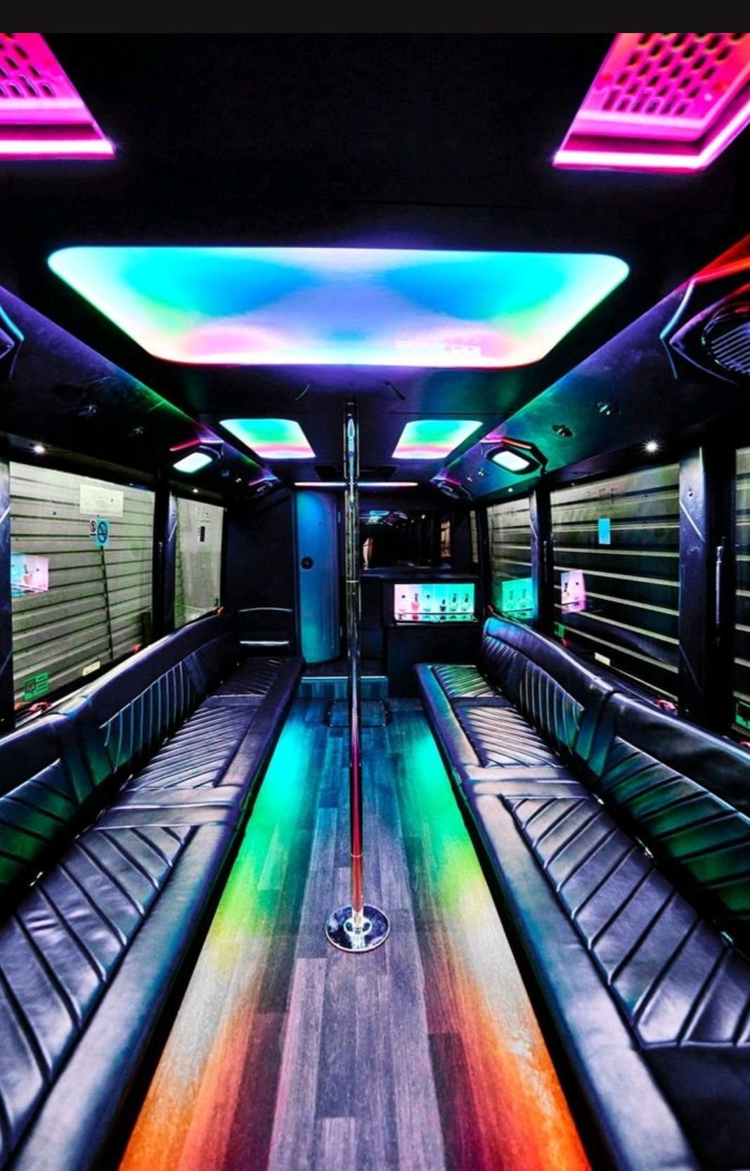 Las Vegas Party Bus 42 Passenger Party Bus Snake Eyes with two dance poles, state of the art sound and lighting.