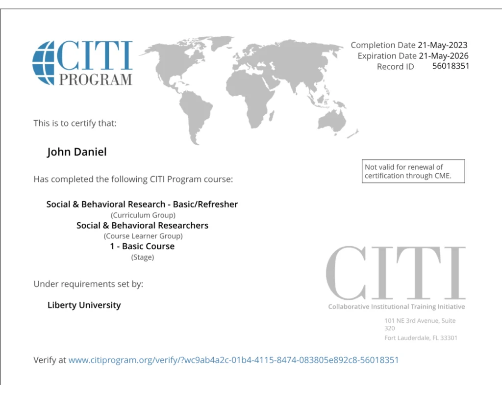 This is a certificate of completion from the CITI Program for John Daniel, who completed the course 'Social & Behavioral Research - Basic/Refresher' under the requirements set by Liberty University. The certificate indicates a completion date of May 21, 2023, and an expiration date of May 21, 2026, with a Record ID of 56018351. It also states that the certificate is 'Not valid for renewal of certification through CME.' The bottom of the certificate displays the CITI Program logo and address.