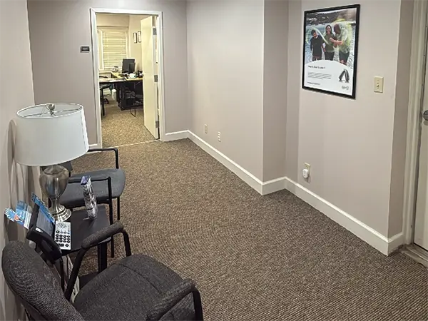 Waiting room and hallway for AudioNova hearing clinic in London, OH