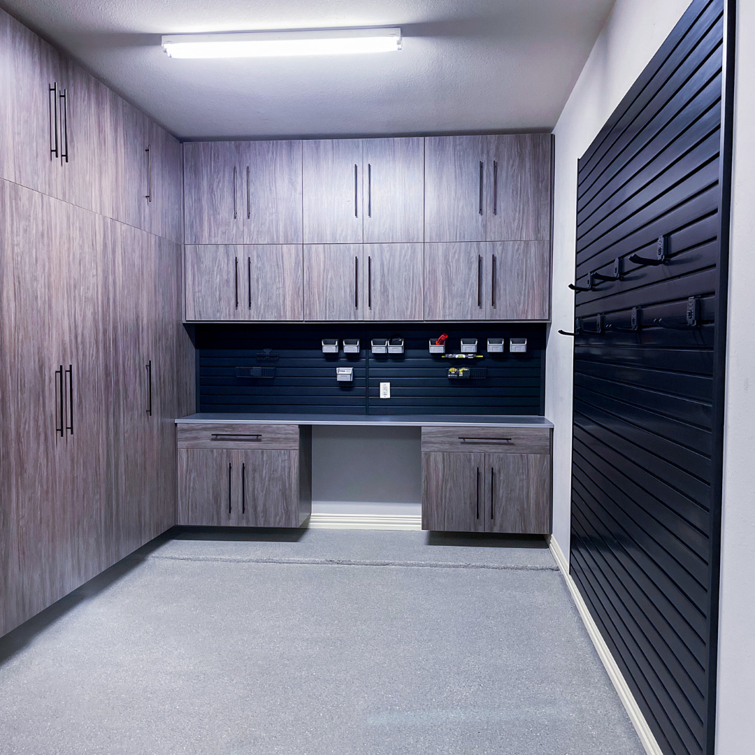 Add storage space and functionality to your garage. Even small garages can have a roomy and organized feel with our custom designed garage cabinets and wall hanging accessories. We'll create a 3D design and work with you to make it perfect for the space you have. Our professional white glove install