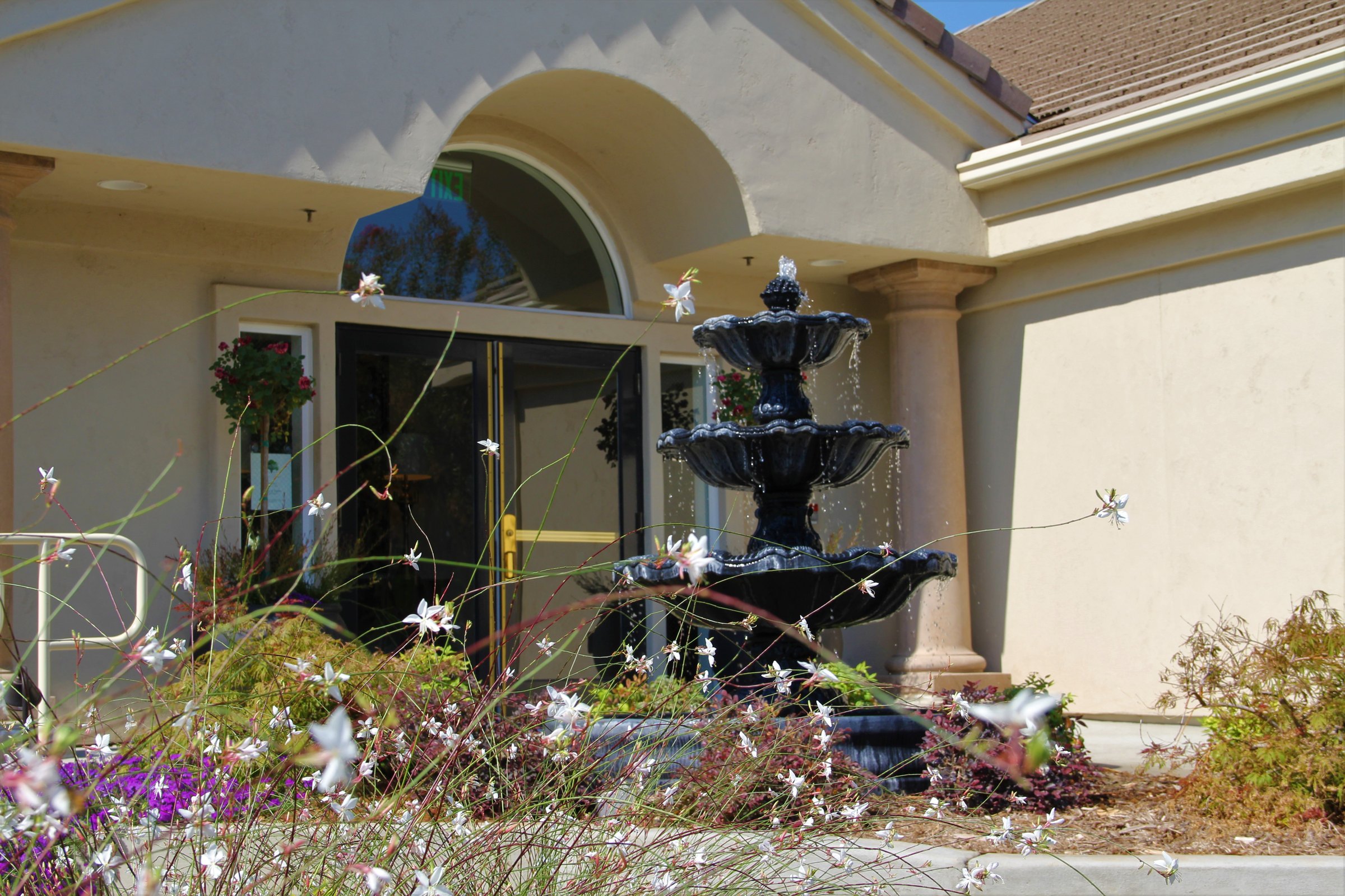 The fountain courtyard that greets families arriving at the Rescue mortuary.