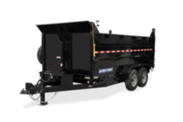 A black dump trailer with a raised bed, designed for heavy-duty hauling and debris removal.