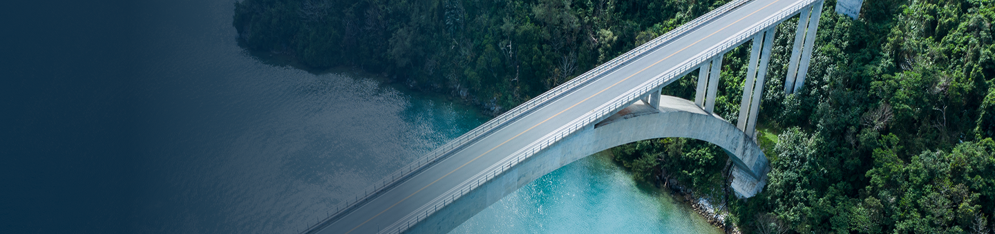 A modern concrete bridge crossing over turquoise water in a forested area.