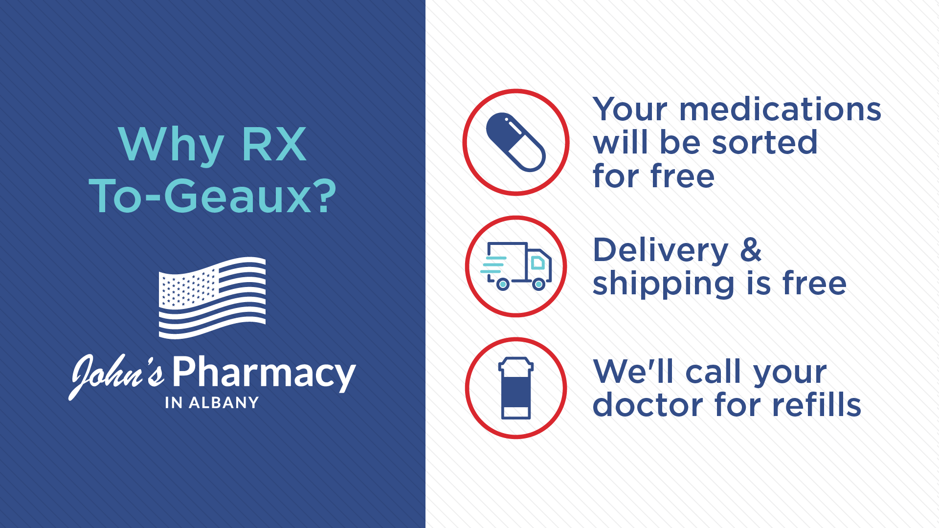 With our Rx to go, compounding and specialty program we want to make it as convenient as possible for our patients. We have delivery drivers who will make deliveries to your home or office if necessary.