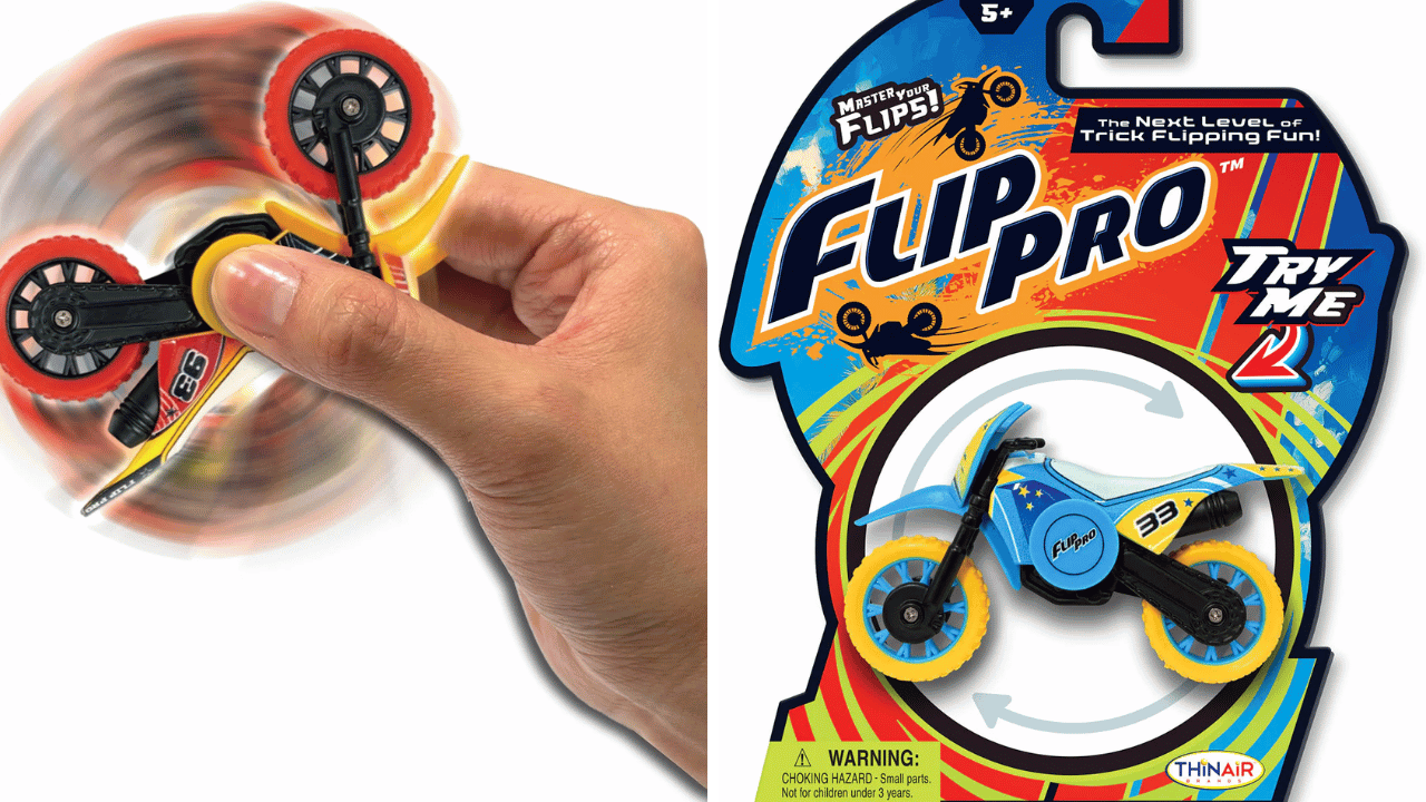 Flip Pro Spin Bikes
Take playtime to the next level with motorbike stunts, spins, and flips... right in the palm of your kiddo's hand! The innovative design of Flip Pro Spin Bikes combines finger biking with the addictive spin of a fidget spinner for endless trick possibilities. This screen-free social or solo entertainment hones fine motor skills as kids learn to maneuver these high-quality metal and rubber bikes. Add to your collection and use two fingers to ride, flip, and show off tricks! Add the Flip Pro Stunt Park for that extra wow factor, sold separately. Flip Pro Spin Bikes come in 4 fun styles, each sold separately.