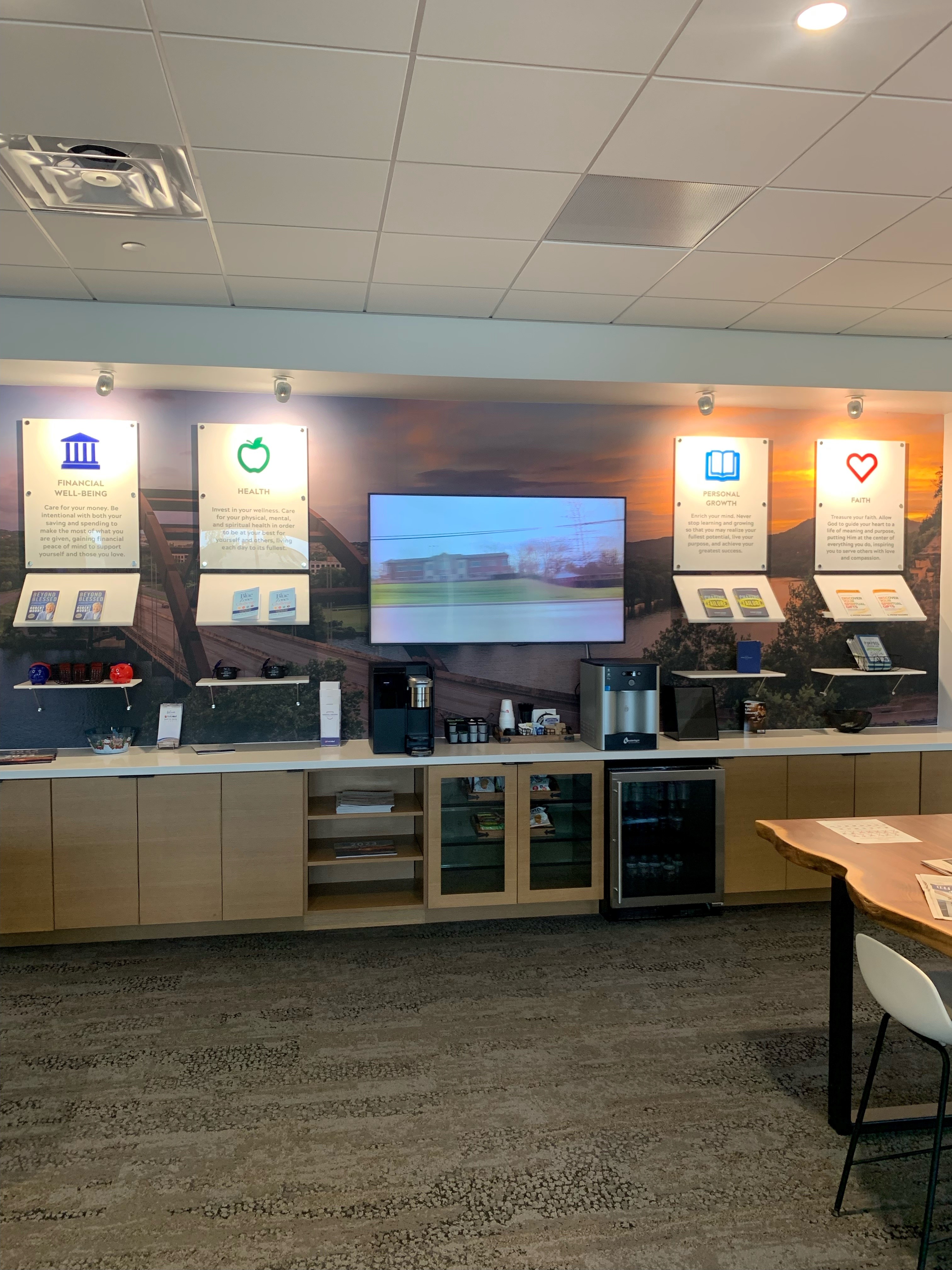 First United Bank - Austin Seven Oaks "Spend Life Wisely" refreshment area interior