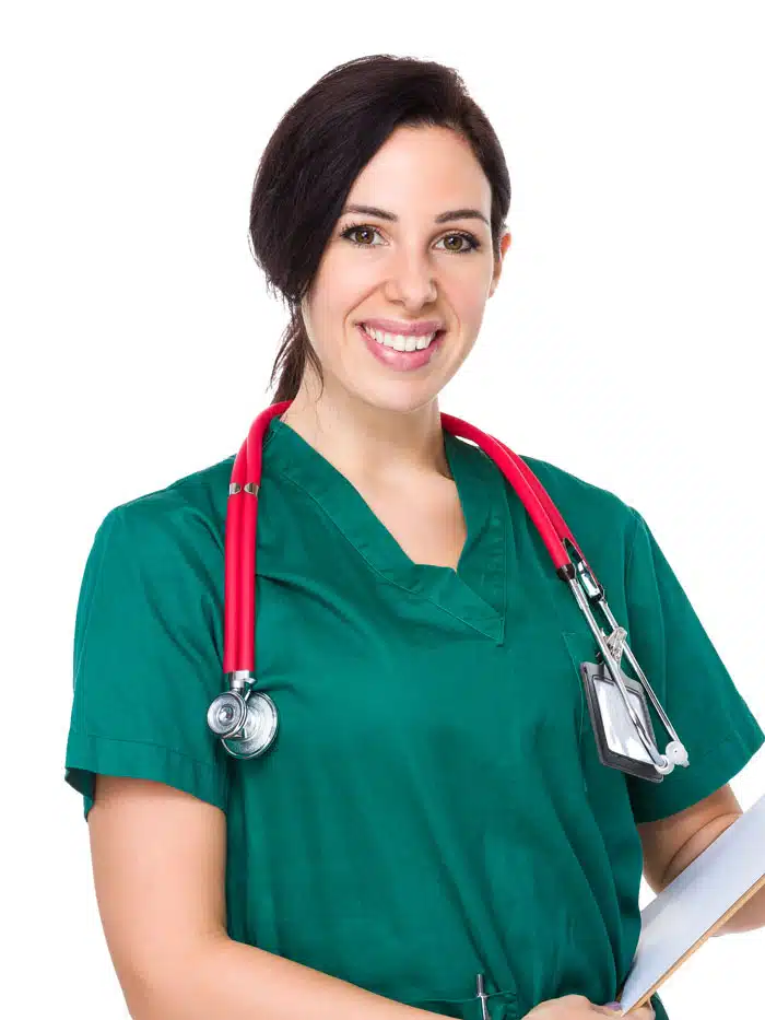 A smiling woman in green scrubs with a red stethoscope around her neck and a clipboard in her hand, isolated on a white background.