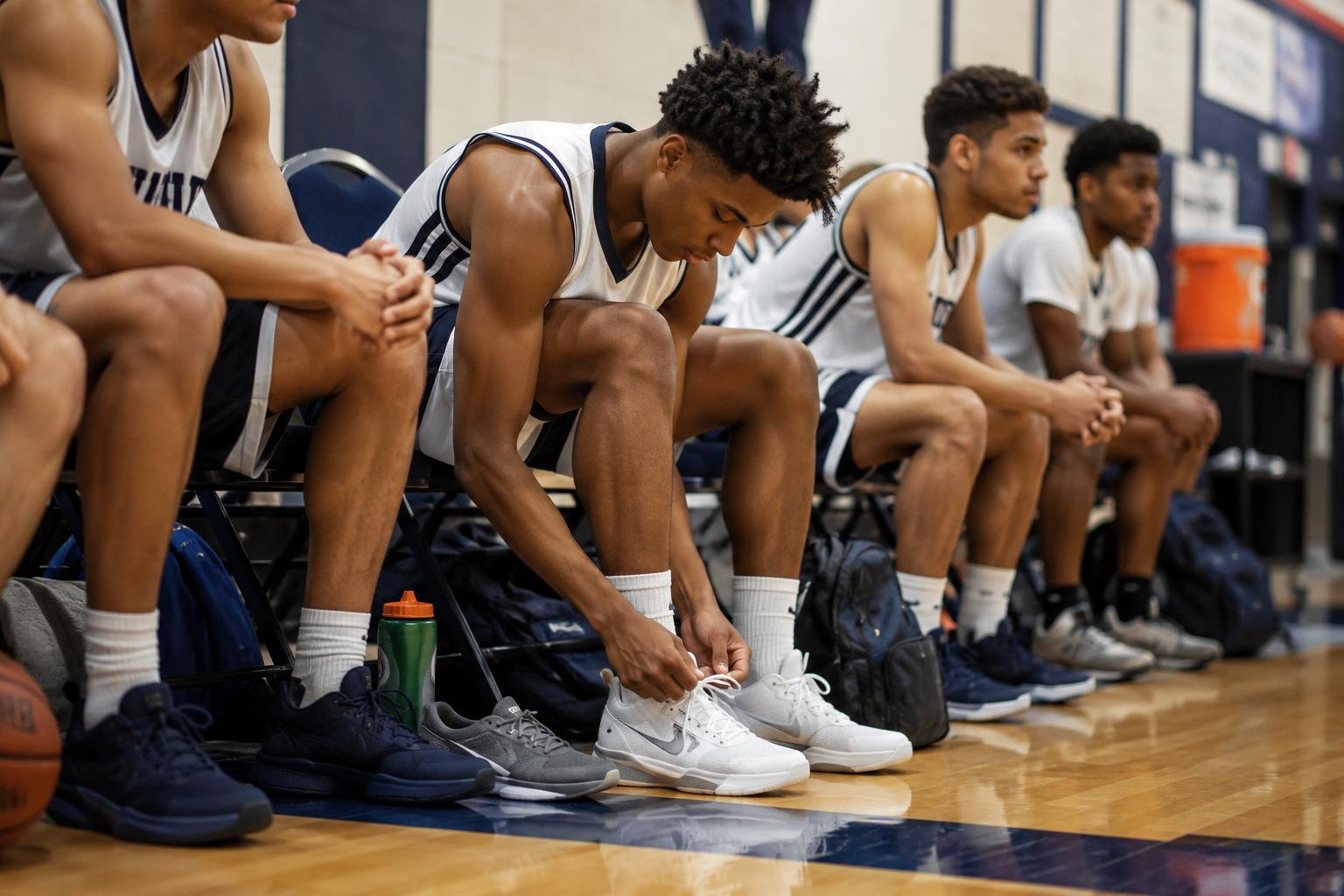 A group of young male basketball players in uniform are sitting on a bench on a wooden court. One player in the foreground is tying his white basketball shoes. The other players are looking forward or down at their hands. Backpacks and a water bottle are visible on the floor.