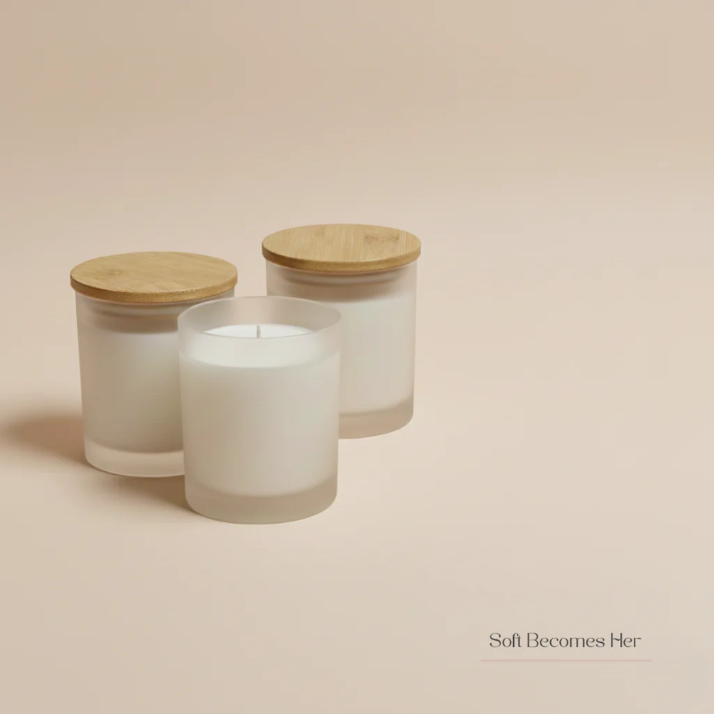 Three white candles in frosted glass jars with natural wood lids are arranged on a soft peach background. One candle is in the foreground, unlit, with its wick visible, while two others are behind it, both covered by their lids. The text 'Soft Becomes Her' is subtly placed in the lower right corner, underlined by a thin pink line.