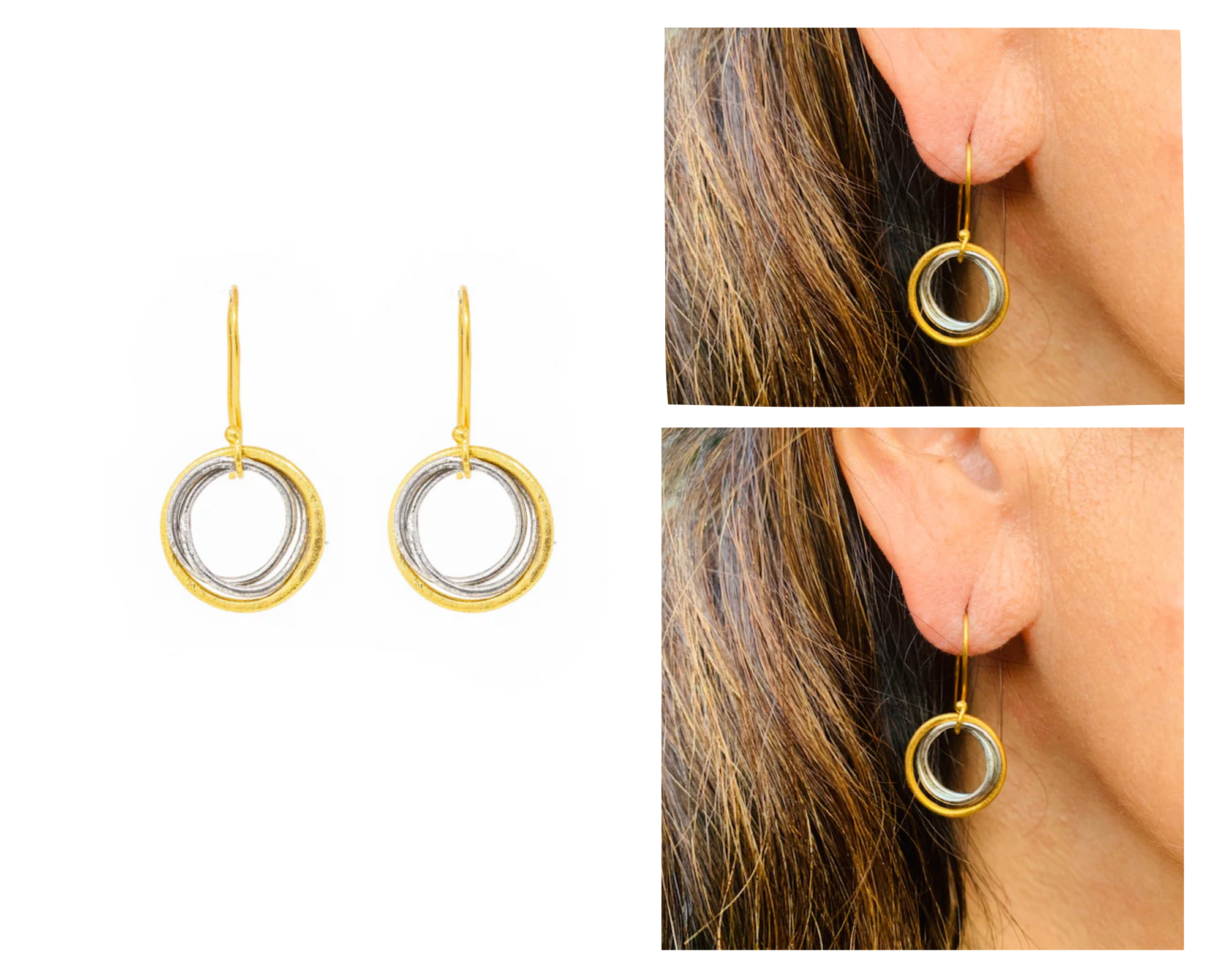 Mixed Metal silver and Gold Circle Earrings Connect with nature in these uniquely designed 24kt gold vermeil and silver ring earrings, suspended from a hook earring insert.
