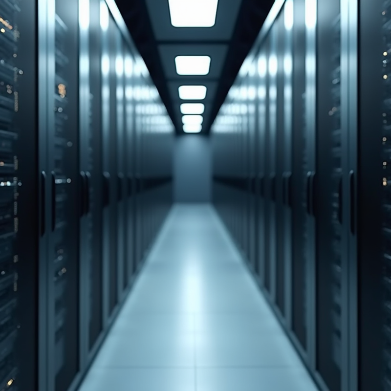 A dimly lit, narrow corridor stretches into the distance, flanked by rows of server racks. Rectangular lights are embedded in the ceiling, casting a cool, blue-toned glow on the polished floor and the metallic surfaces of the equipment.