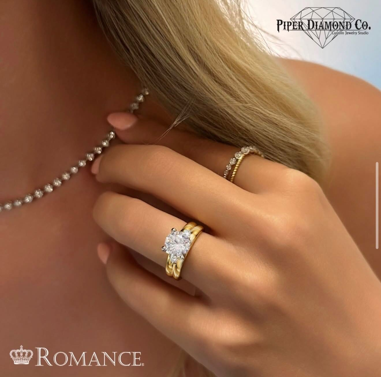 Stunning Romance diamond engagement ring in yellow gold featuring a brilliant round-cut center diamond. A timeless bridal design crafted to celebrate love, commitment, and forever.