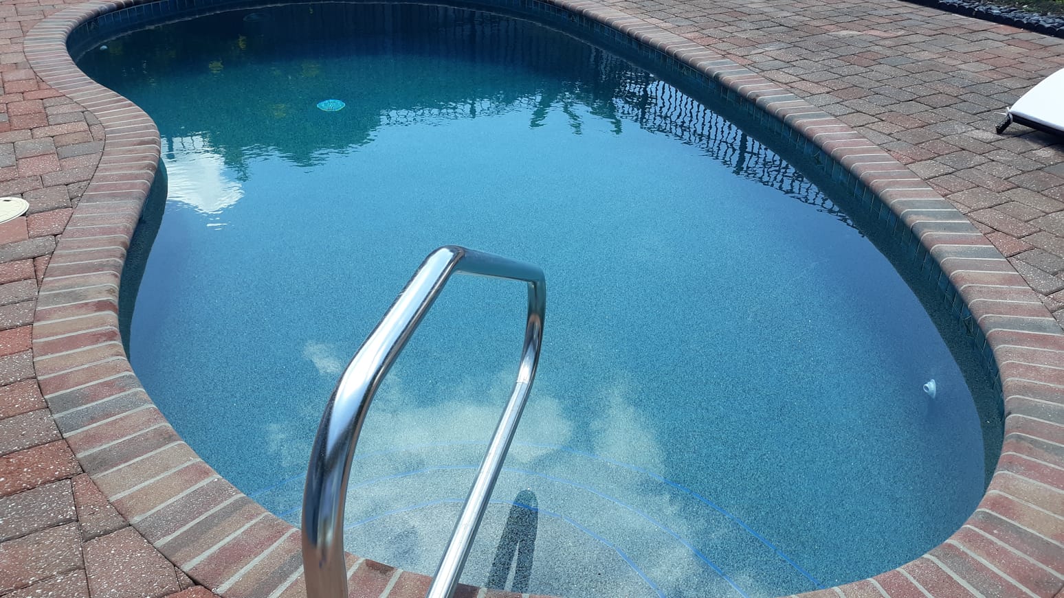 Freeform backyard swimming pool with clear blue water, brick paver decking, and a stainless steel handrail.