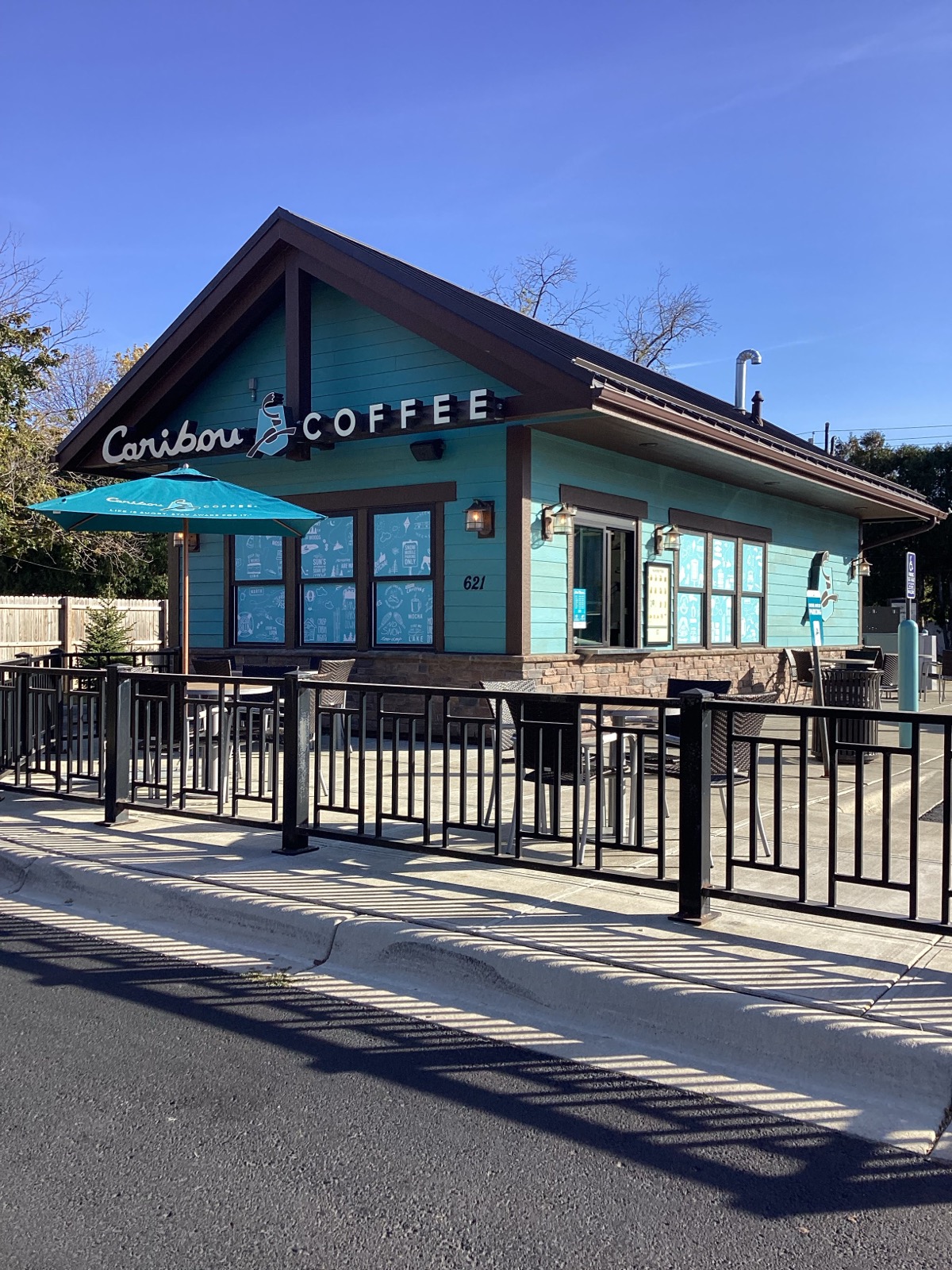 Storefront of the Caribou Coffee at 621 West Bridge Street in Owatonna